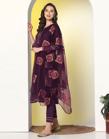 Wine Plain Chinnon Straight Kurta Set With Dupatta