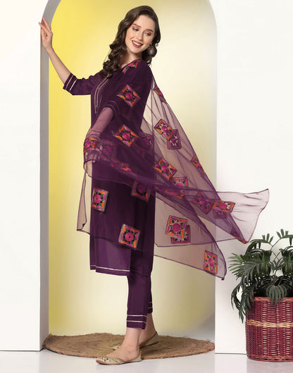 Wine Plain Chinnon Straight Kurta Set With Dupatta