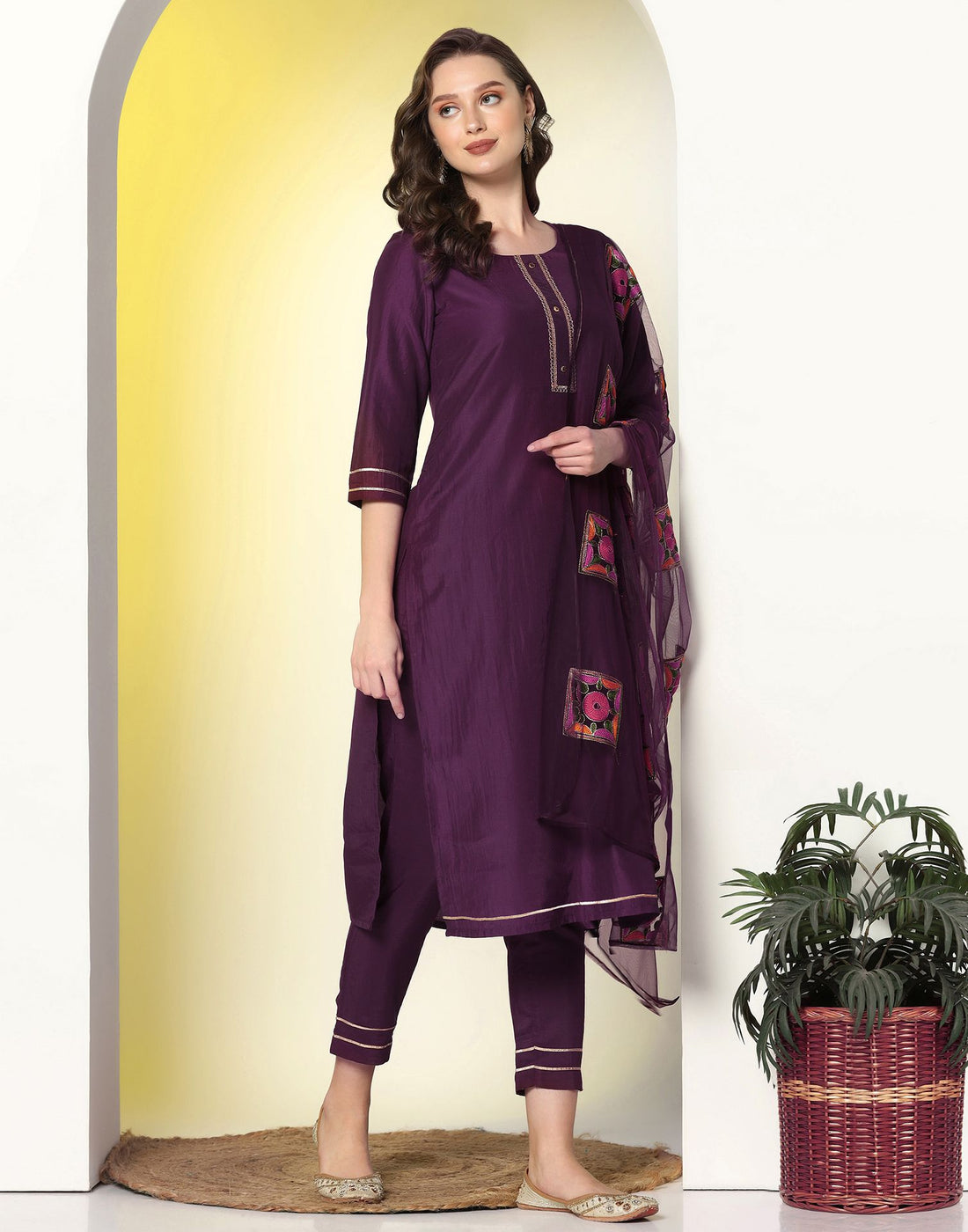 Wine Plain Chinnon Straight Kurta Set With Dupatta