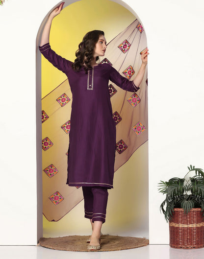 Wine Plain Chinnon Straight Kurta Set With Dupatta