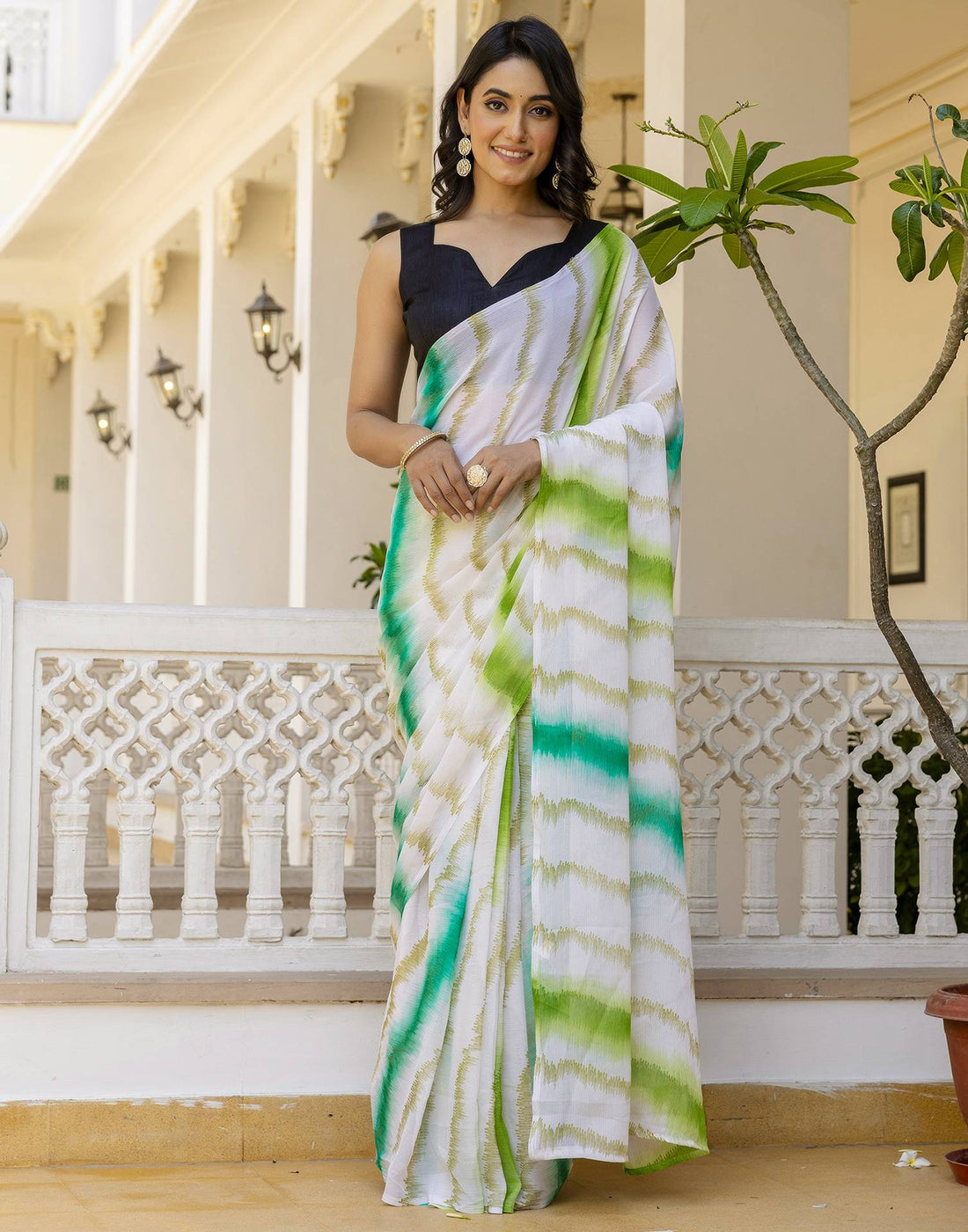 Ready To Wear White Georgette Printed Saree
