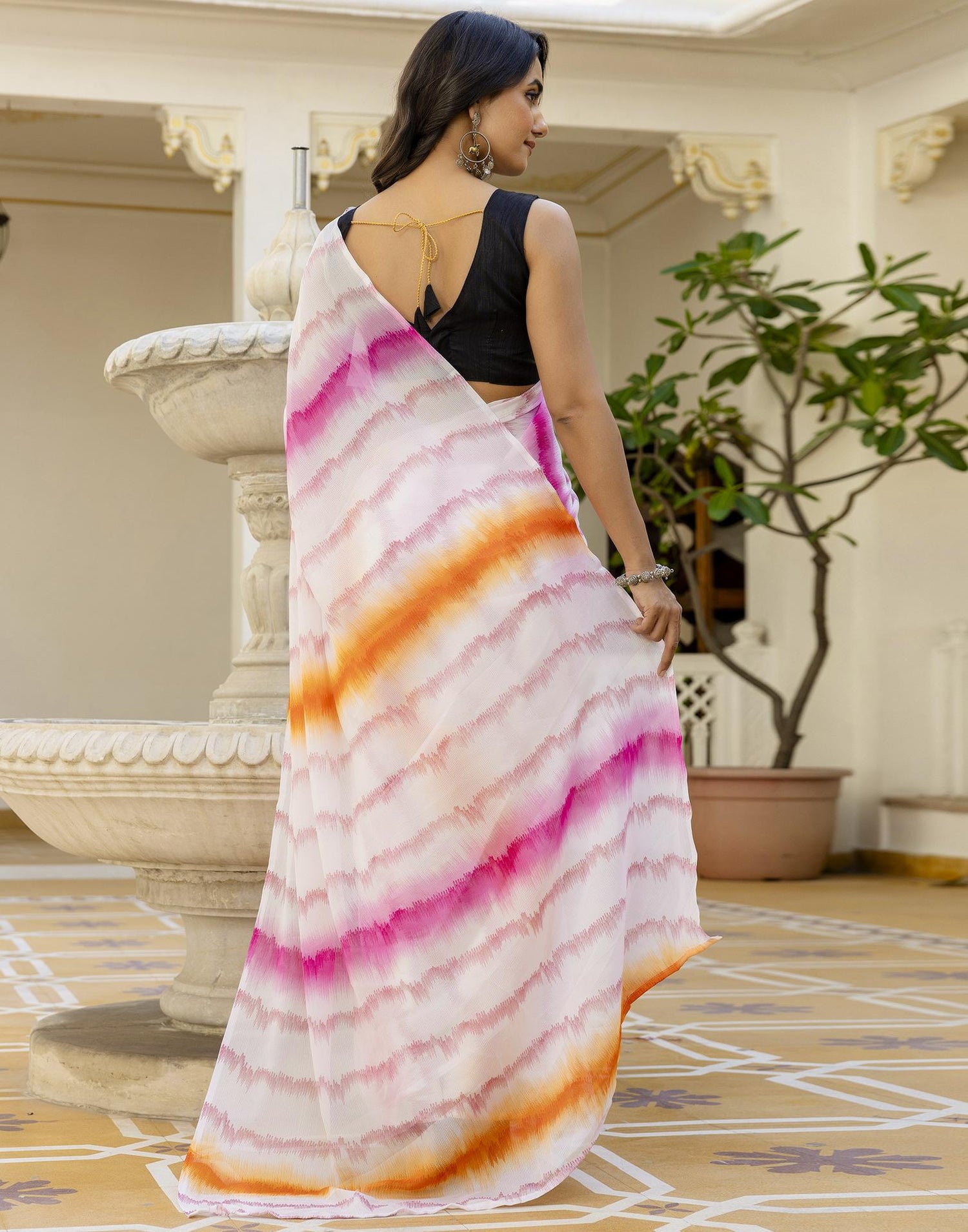 Ready To Wear White Georgette Printed Saree