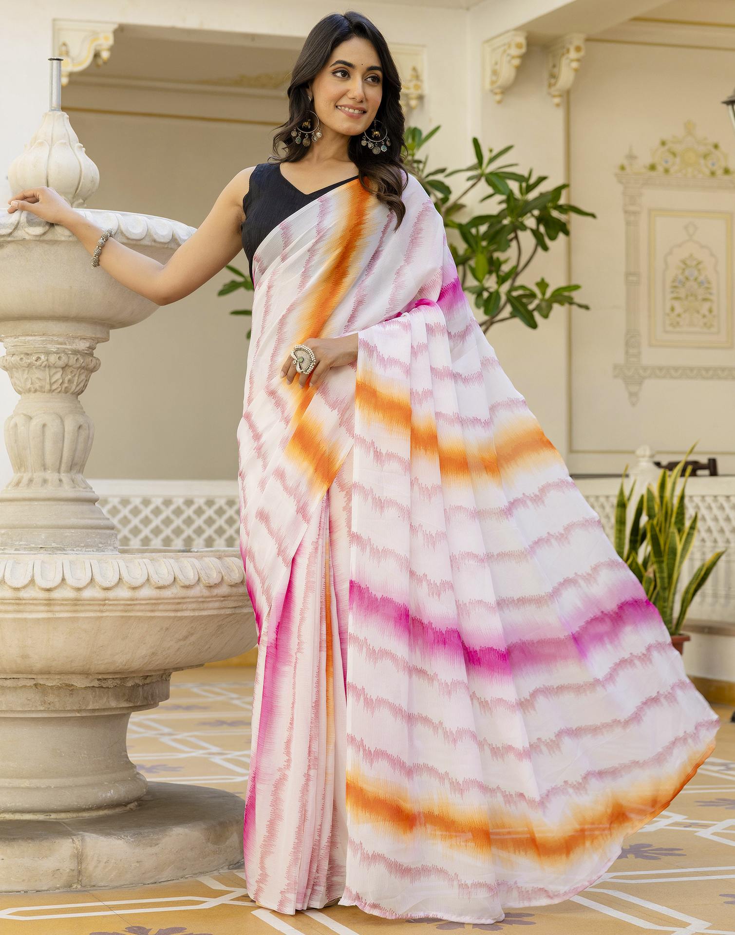 Ready To Wear White Georgette Printed Saree