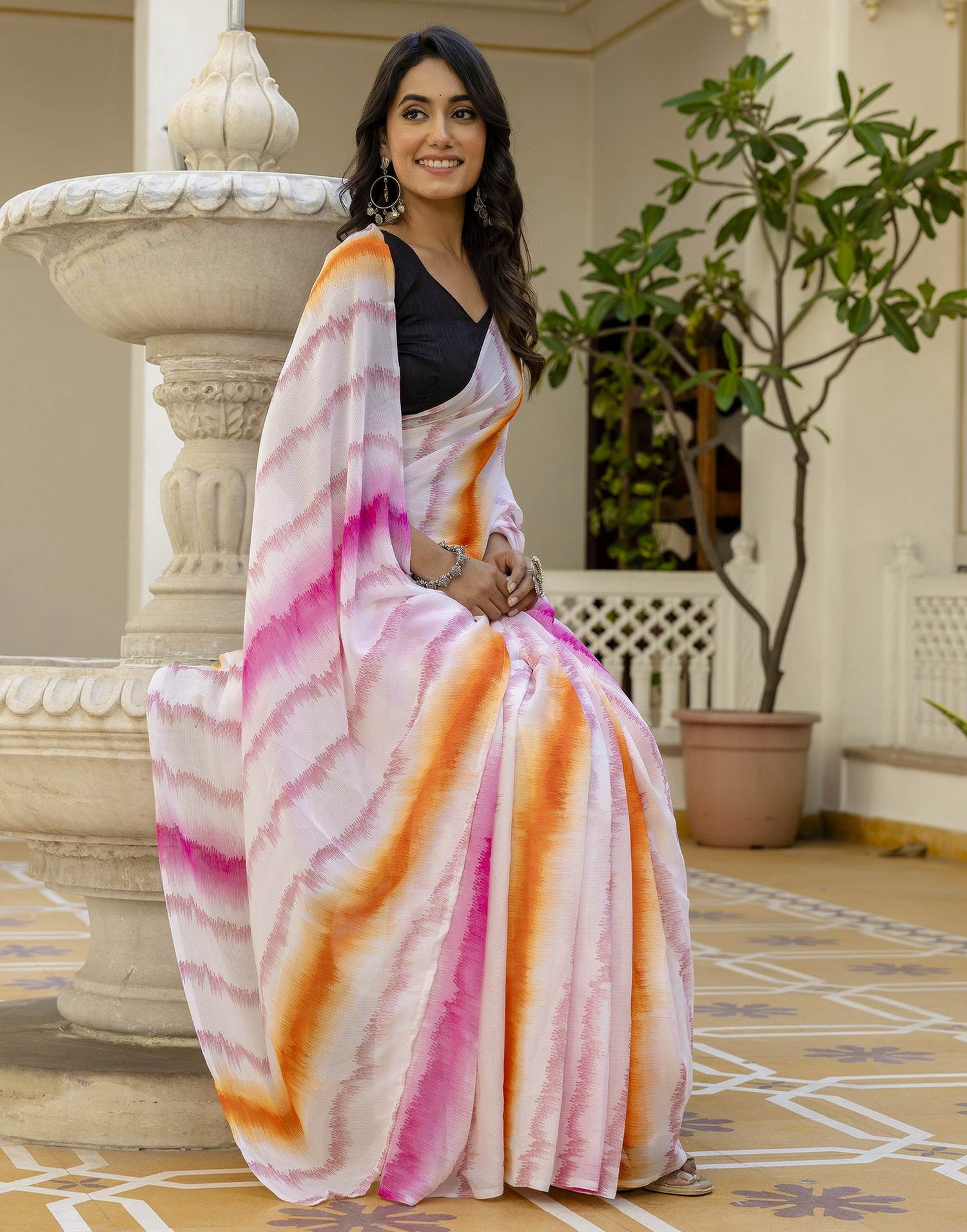 Ready To Wear White Georgette Printed Saree