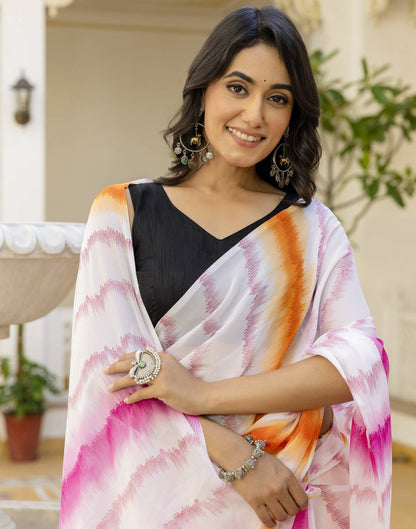 Ready To Wear White Georgette Printed Saree