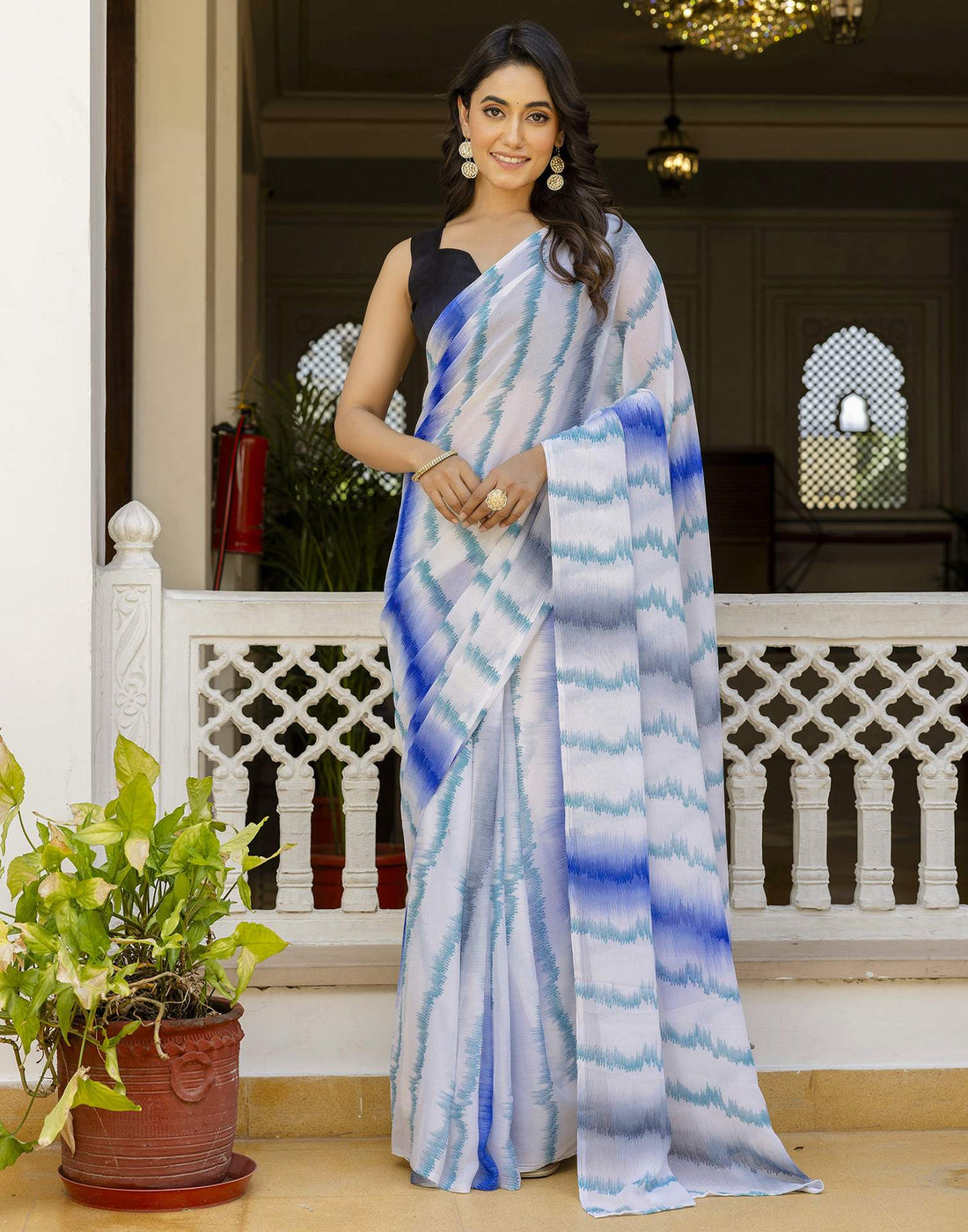 Ready To Wear White Georgette Printed Saree