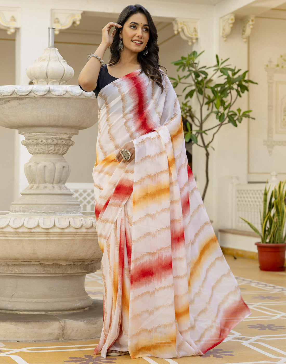 Ready To Wear White Georgette Printed Saree