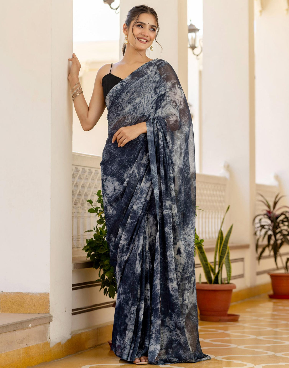 Ready To Wear Dark Grey Georgette Printed Saree
