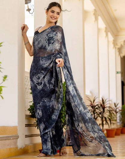 Ready To Wear Dark Grey Georgette Printed Saree