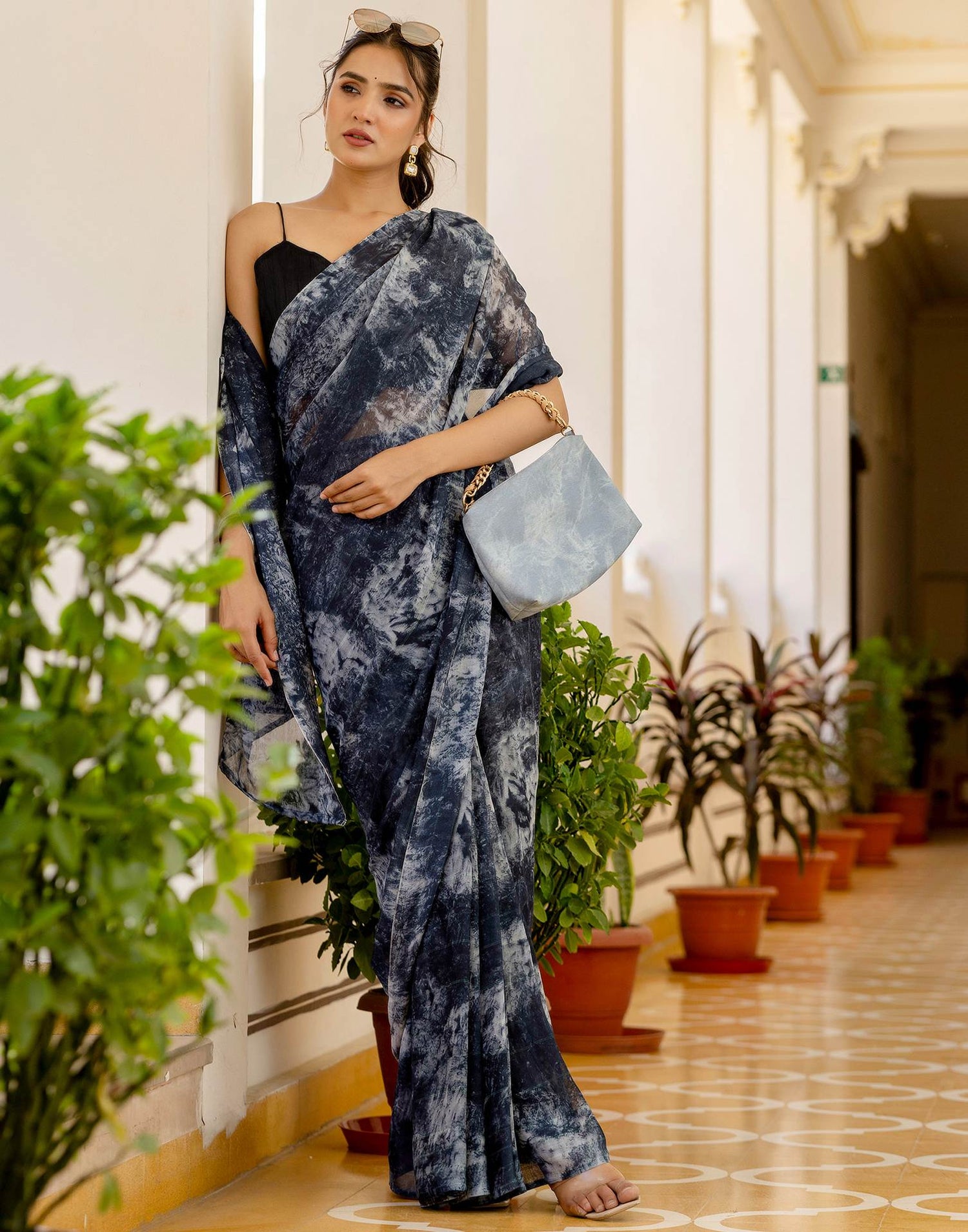 Ready To Wear Dark Grey Georgette Printed Saree