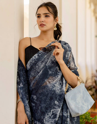 Ready To Wear Dark Grey Georgette Printed Saree