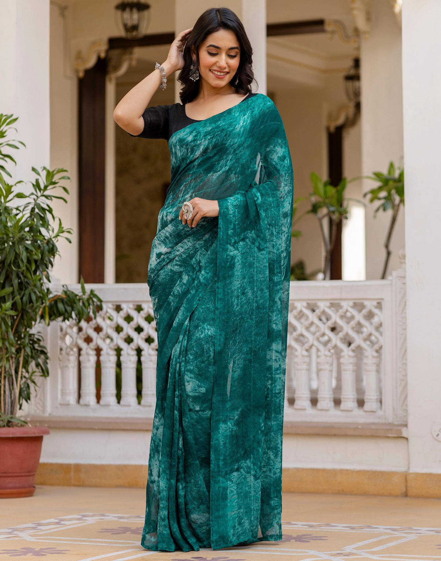 Ready To Wear Teal Green Georgette Printed Saree