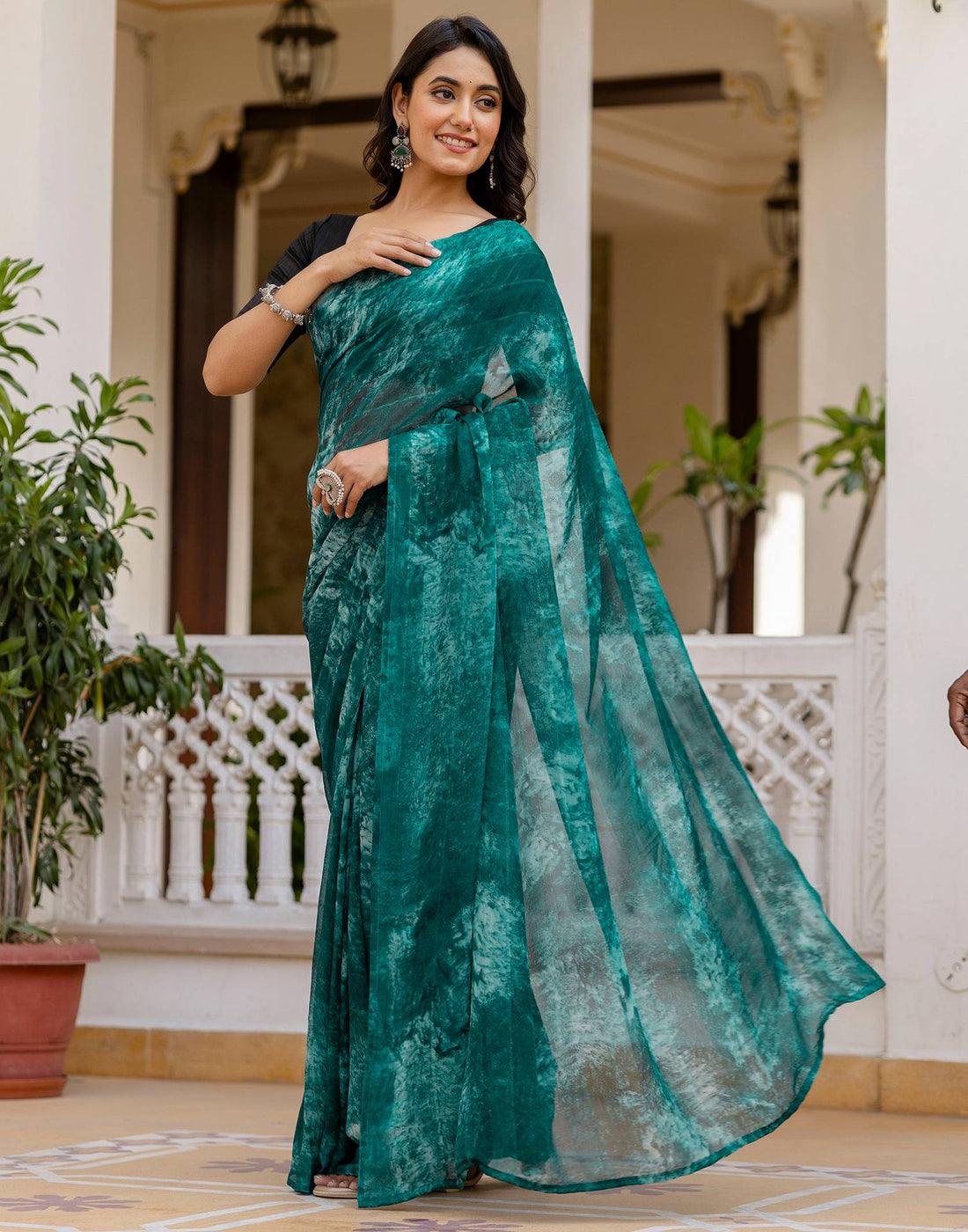 Ready To Wear Teal Green Georgette Printed Saree