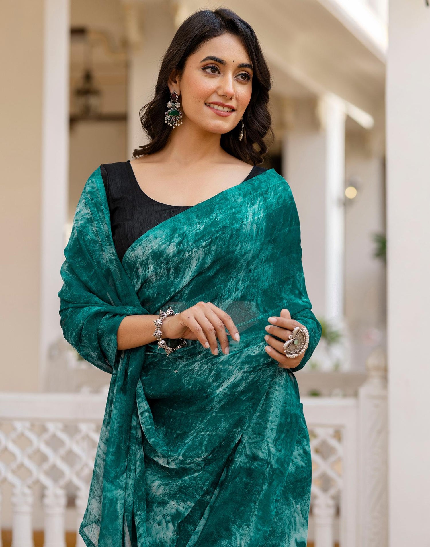 Ready To Wear Teal Green Georgette Printed Saree