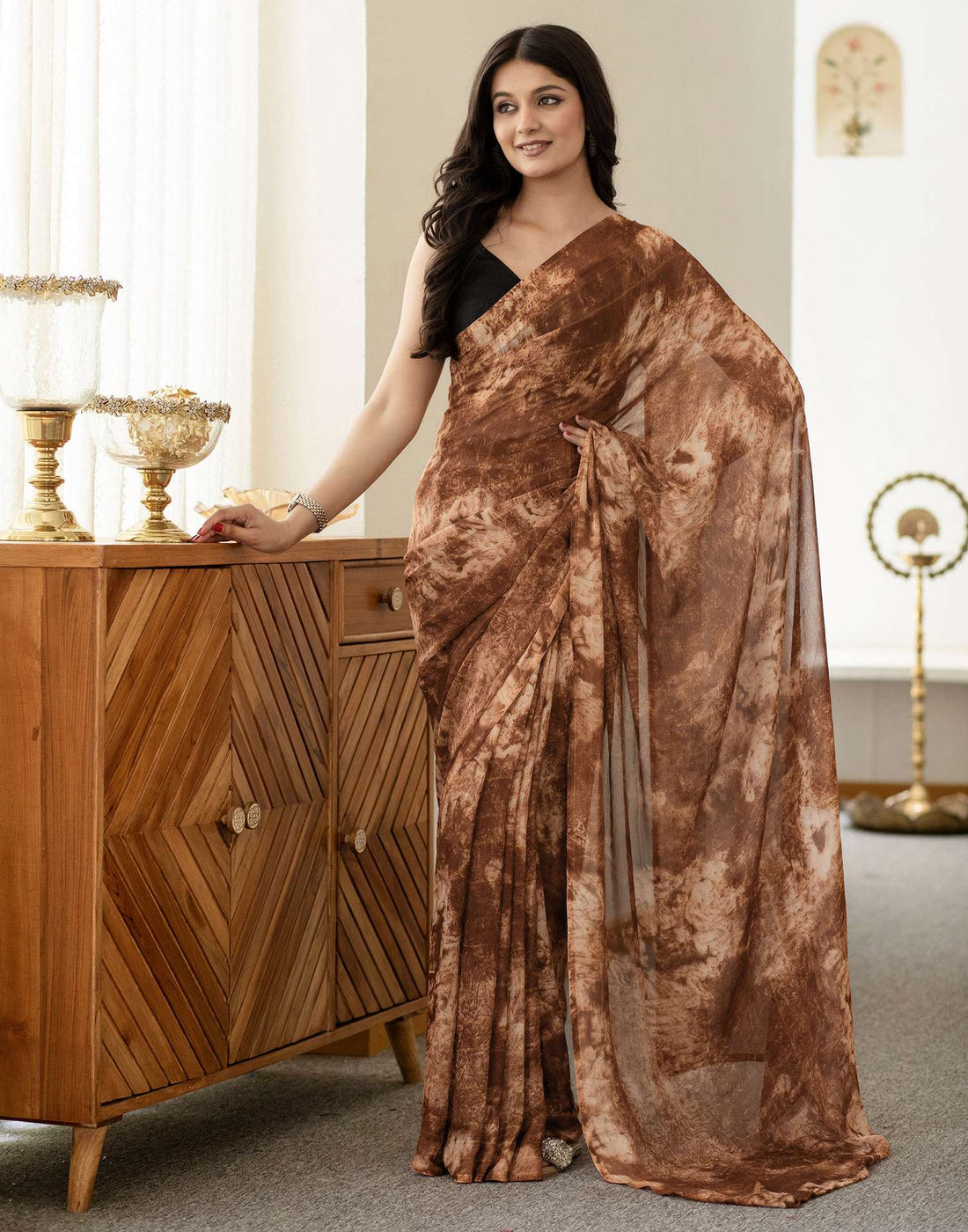 Ready To Wear Brown Georgette Printed Saree