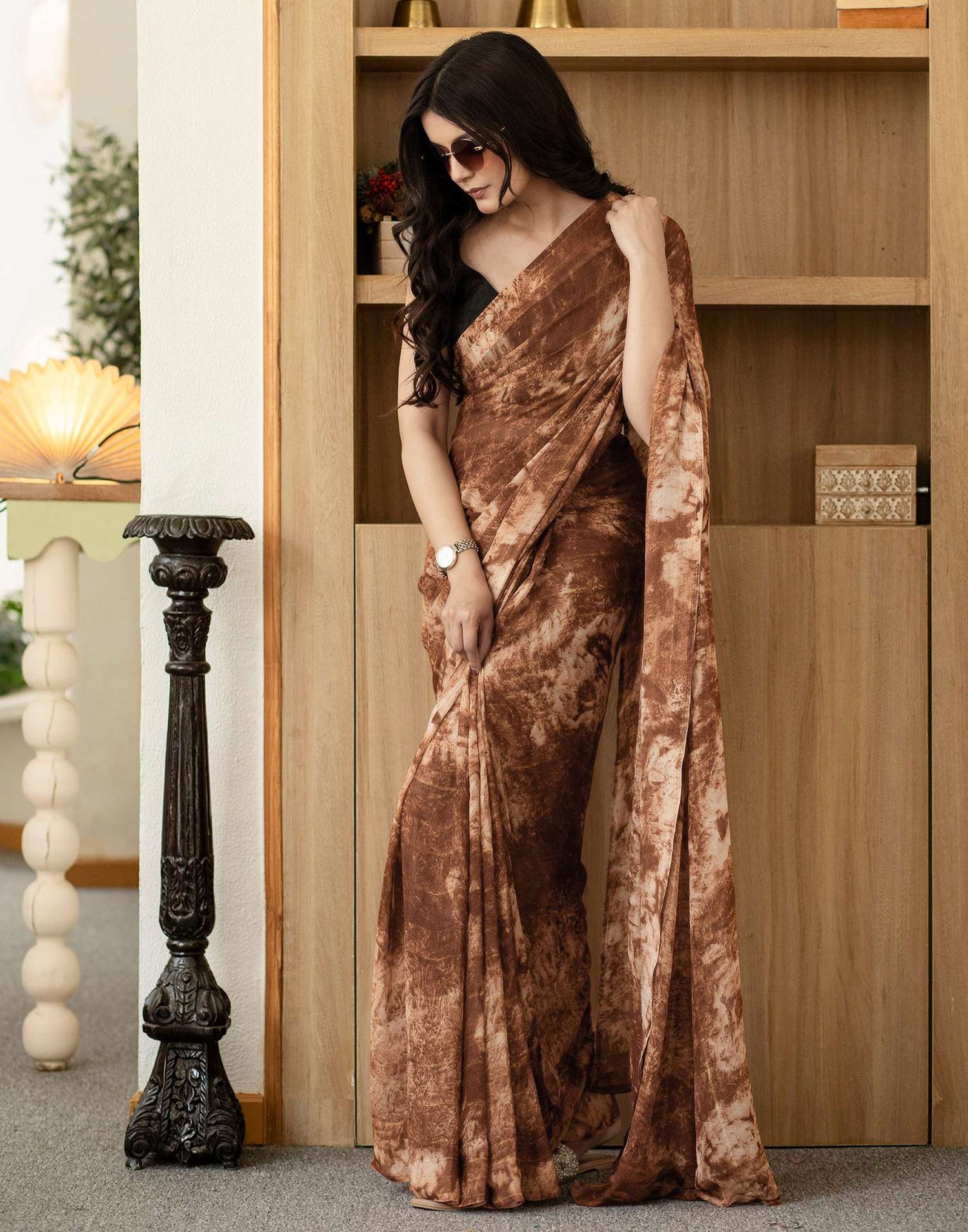 Ready To Wear Brown Georgette Printed Saree