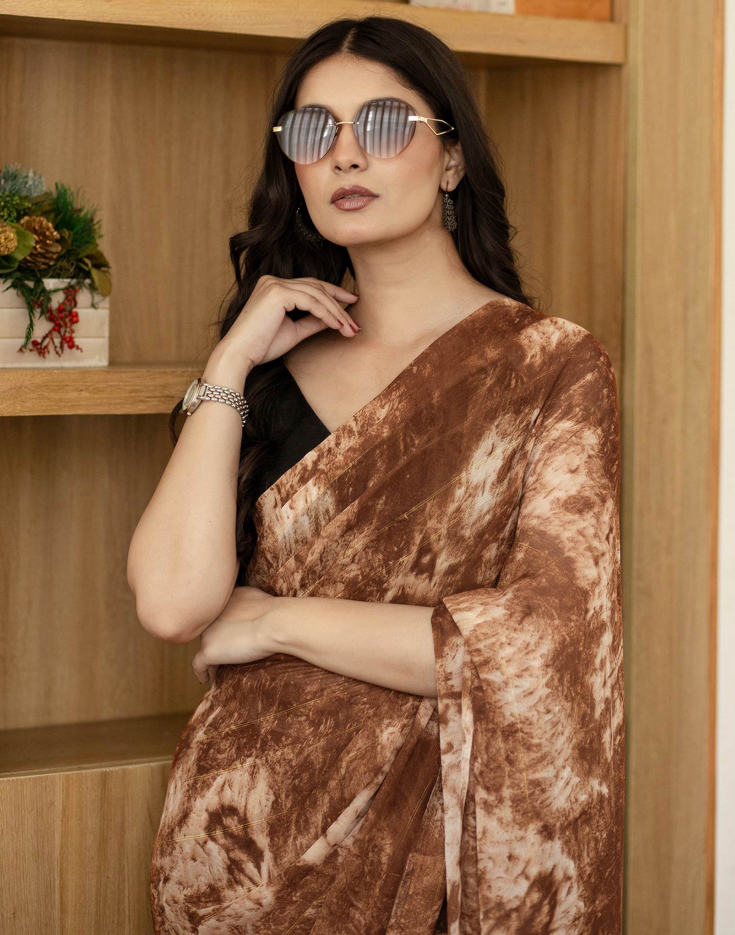 Ready To Wear Brown Georgette Printed Saree
