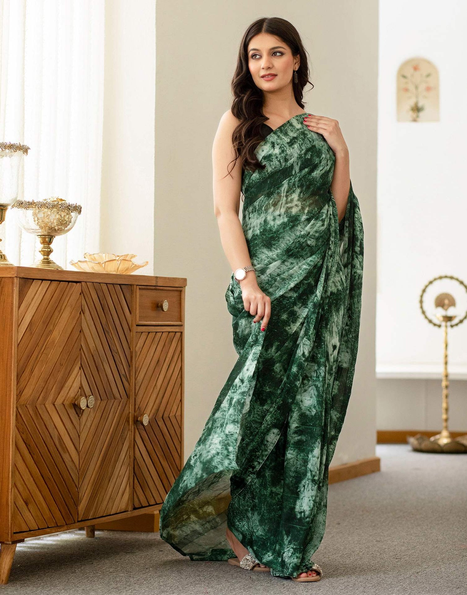 Ready To Wear Green Georgette Printed Saree
