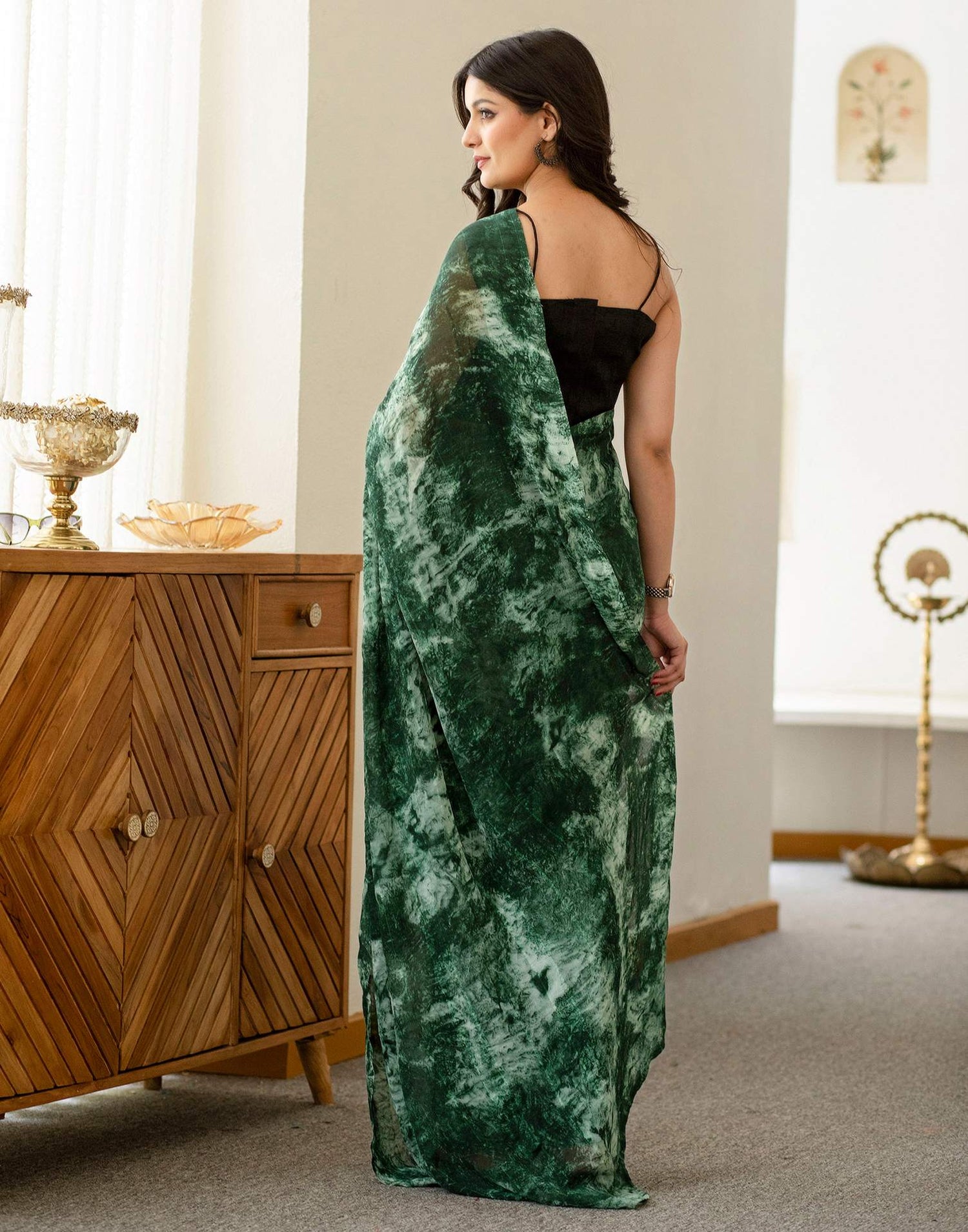 Ready To Wear Green Georgette Printed Saree