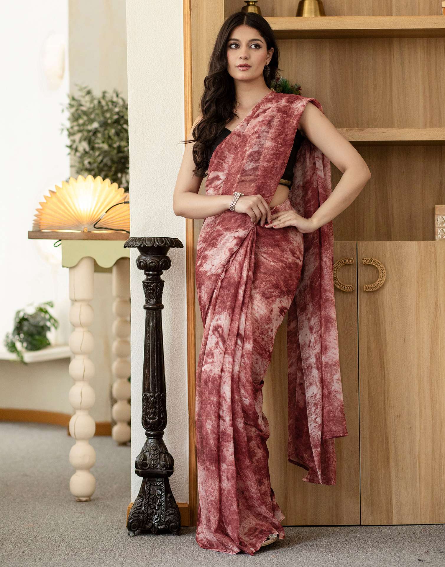 Ready To Wear Light Dusty Maroon Georgette Printed Saree