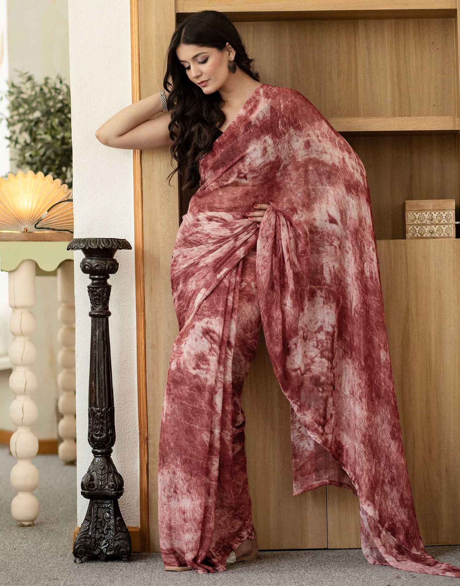 Ready To Wear Light Dusty Maroon Georgette Printed Saree