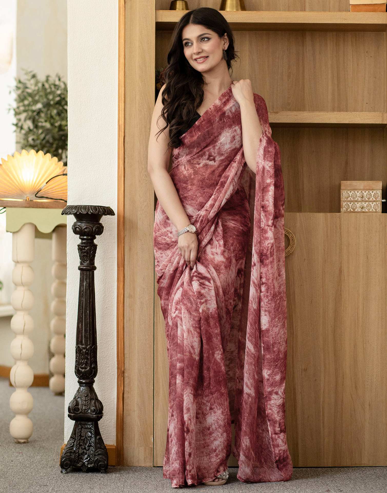 Ready To Wear Light Dusty Maroon Georgette Printed Saree