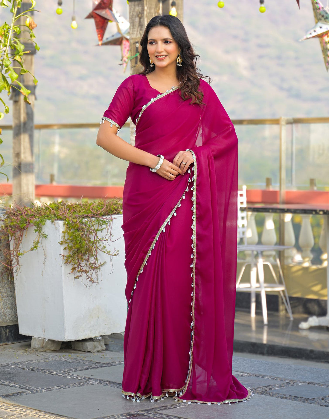 Rani Pink Shimmer Lace Saree