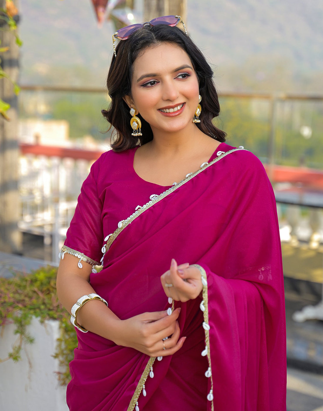 Rani Pink Shimmer Lace Saree