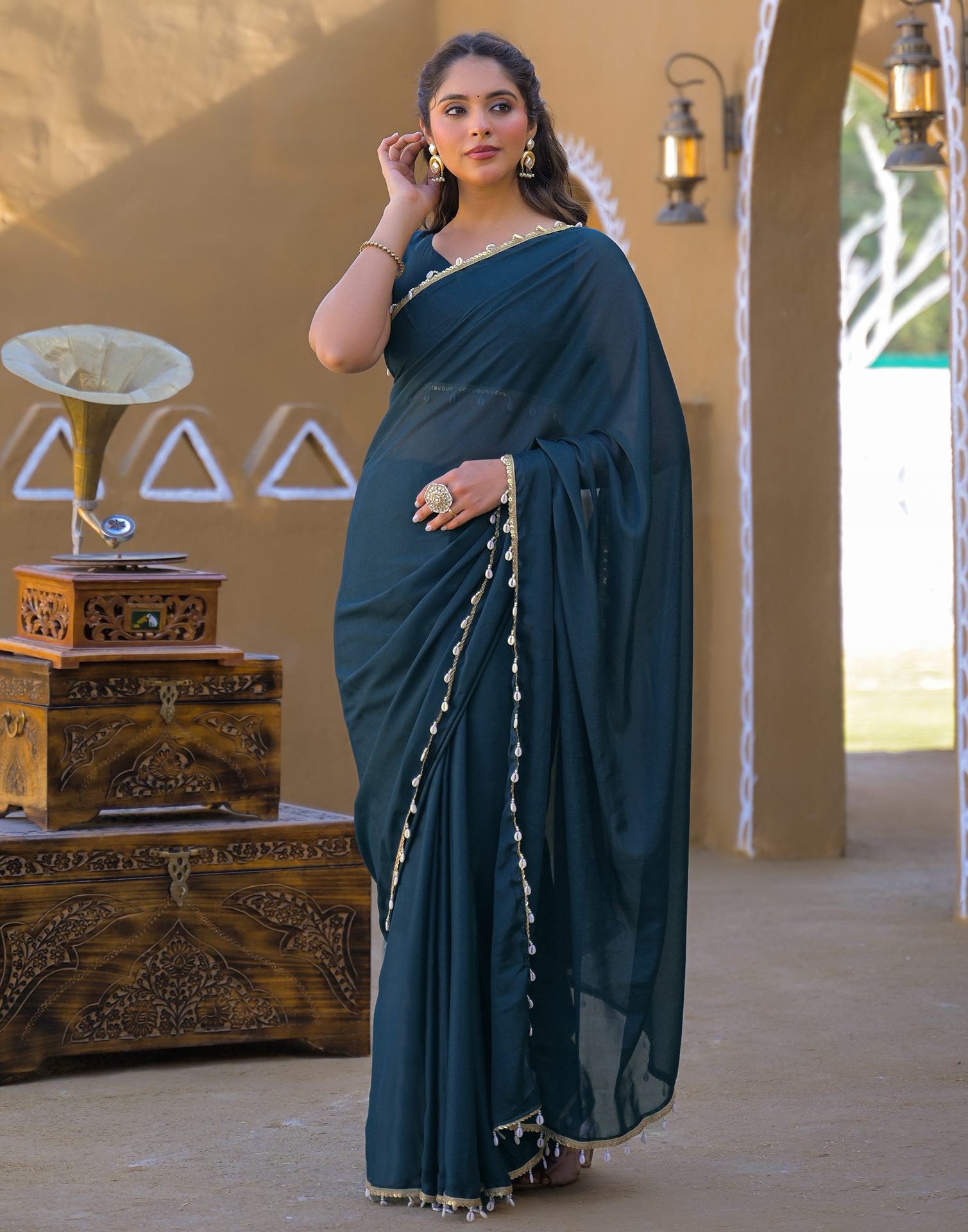 Rama Blue Shimmer Lace Saree