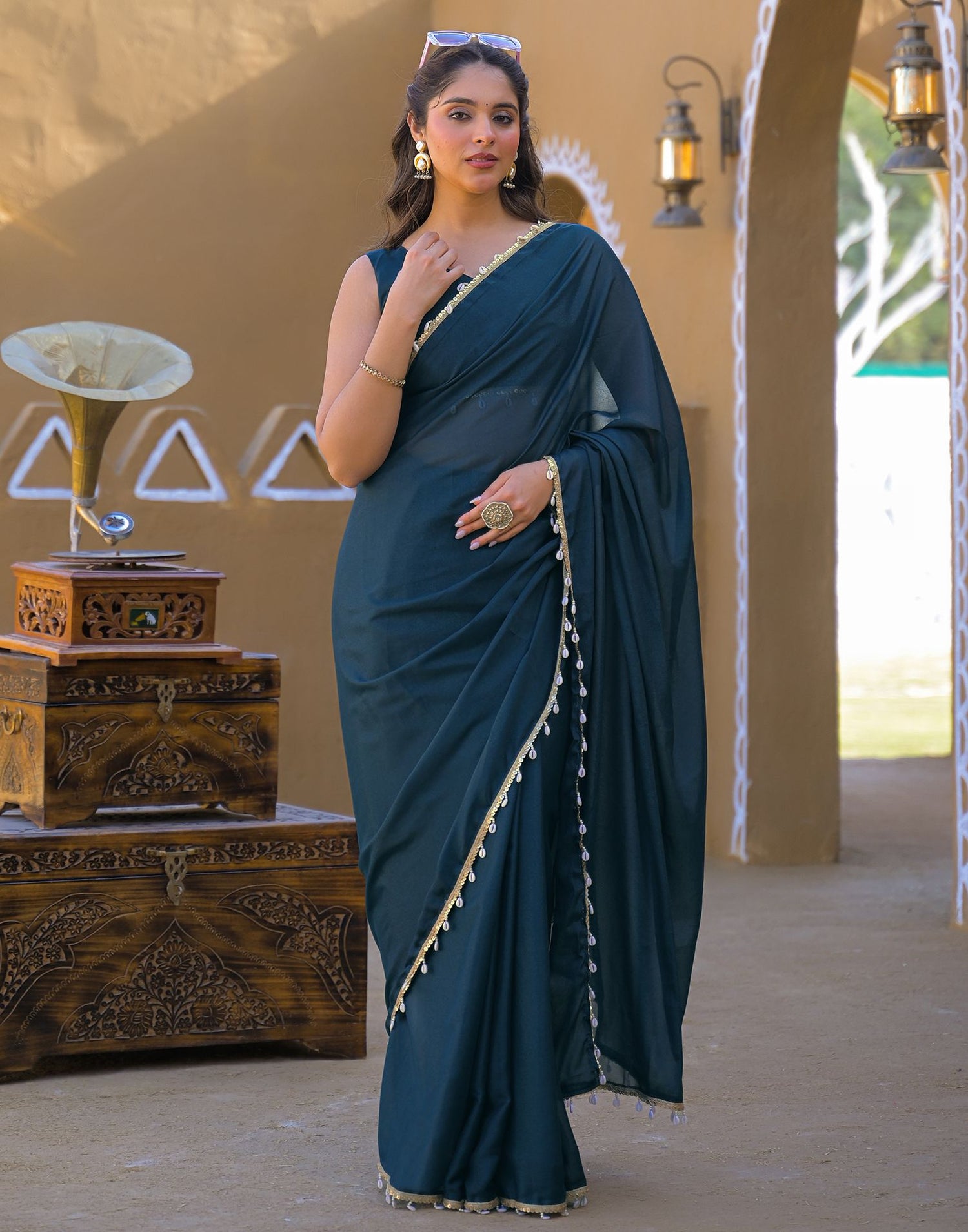 Rama Blue Shimmer Lace Saree