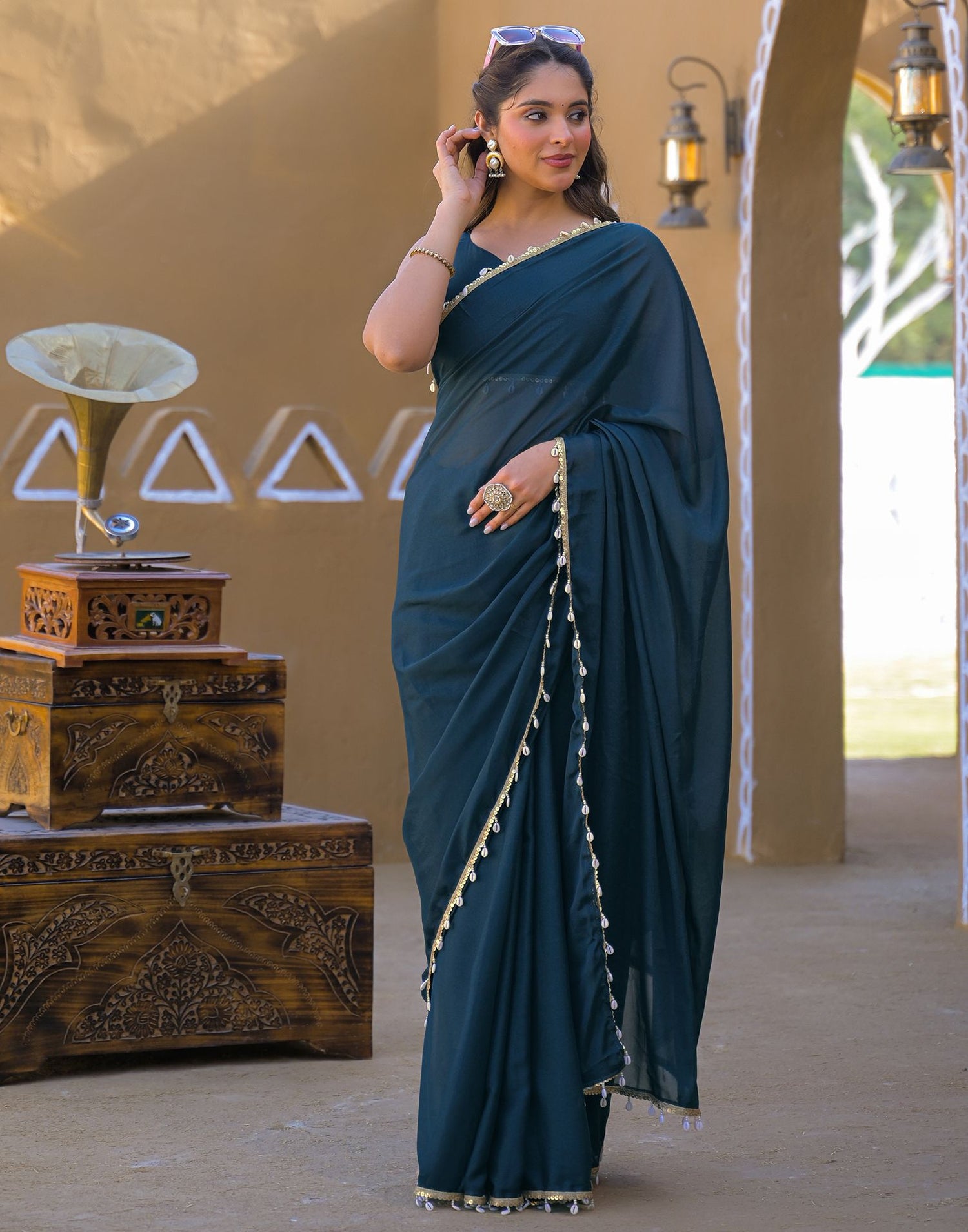 Rama Blue Shimmer Lace Saree