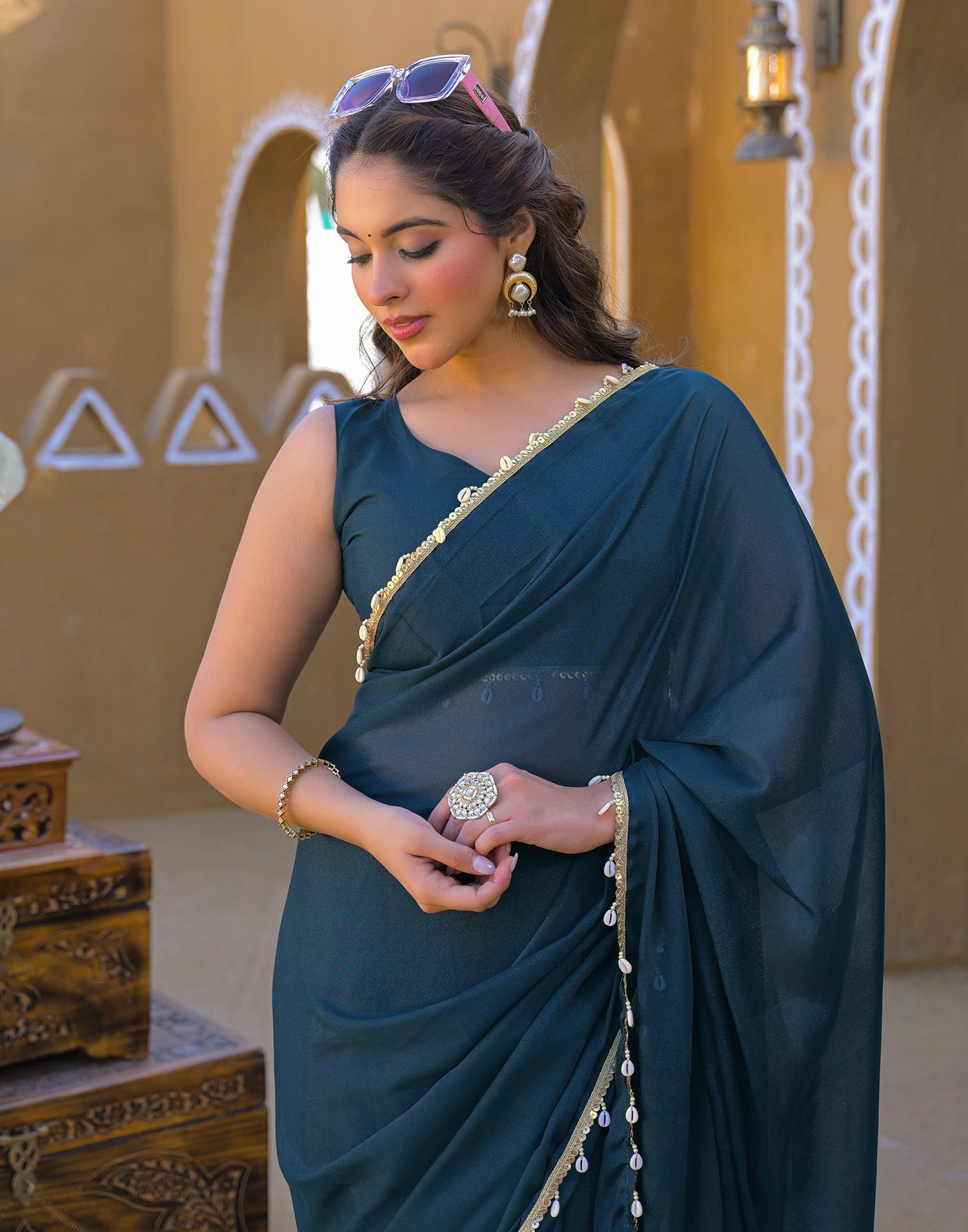 Rama Blue Shimmer Lace Saree