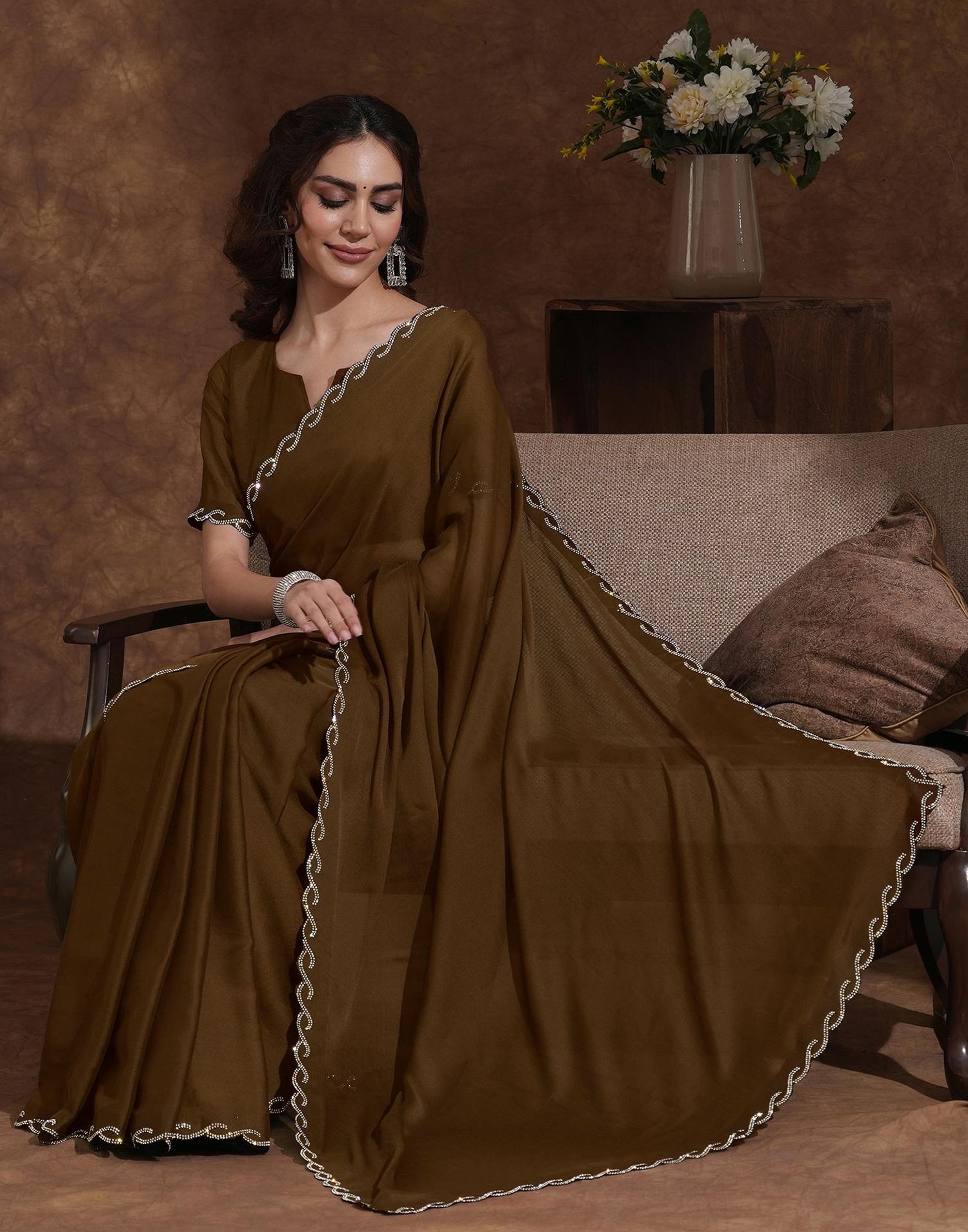 Coffee Brown Chiffon Stone Work Embellished Saree