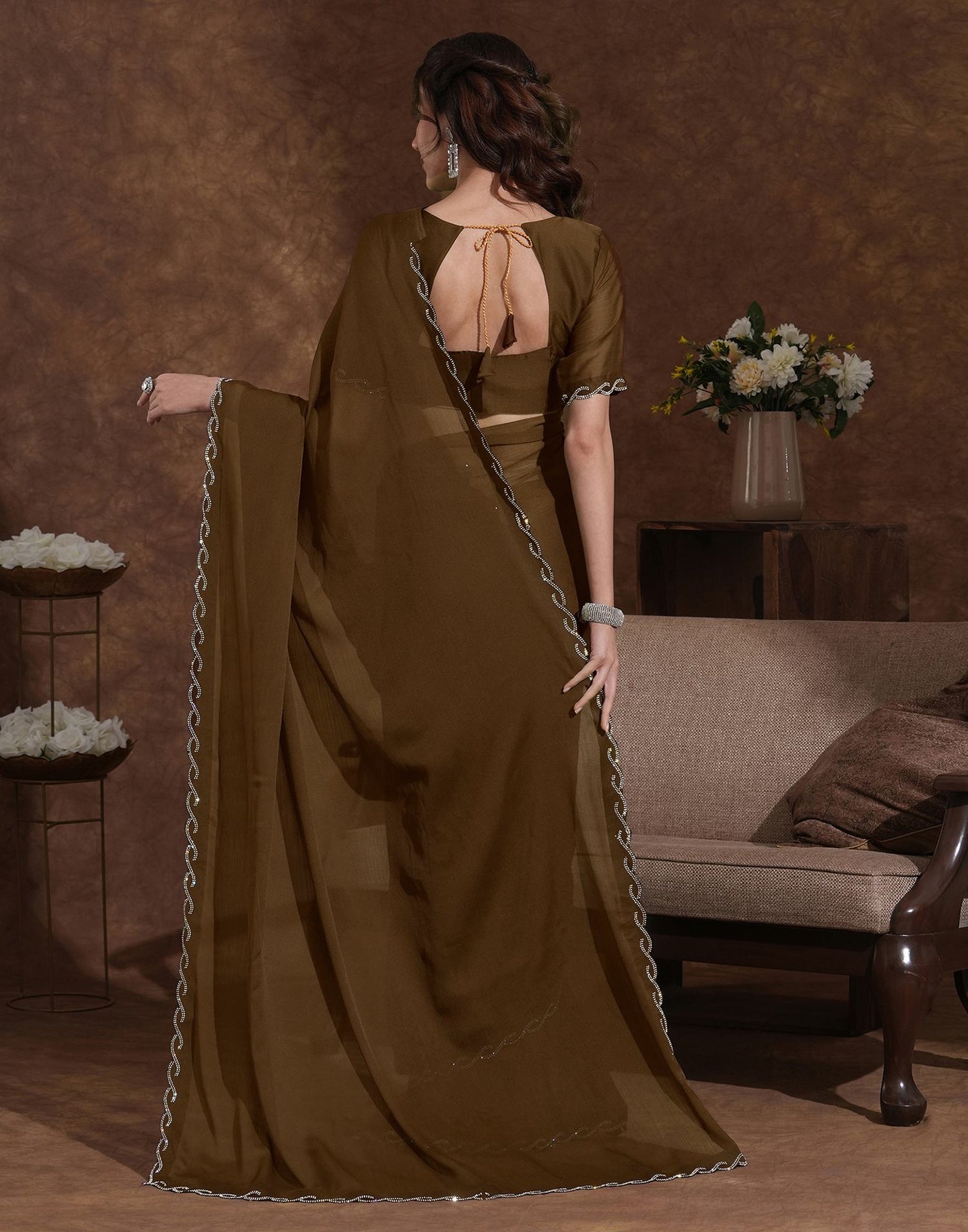 Coffee Brown Chiffon Stone Work Embellished Saree