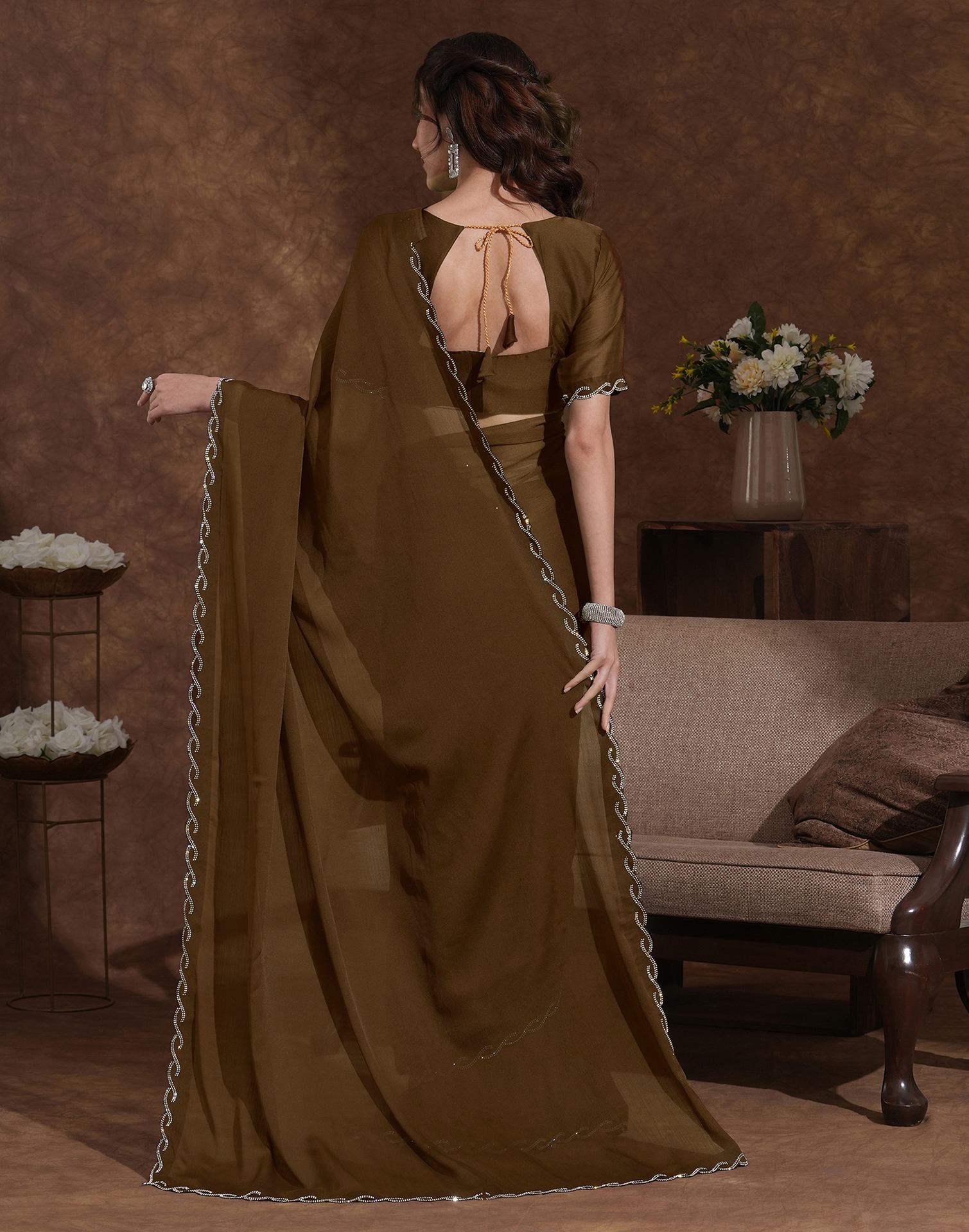 Coffee Brown Chiffon Stone Work Embellished Saree