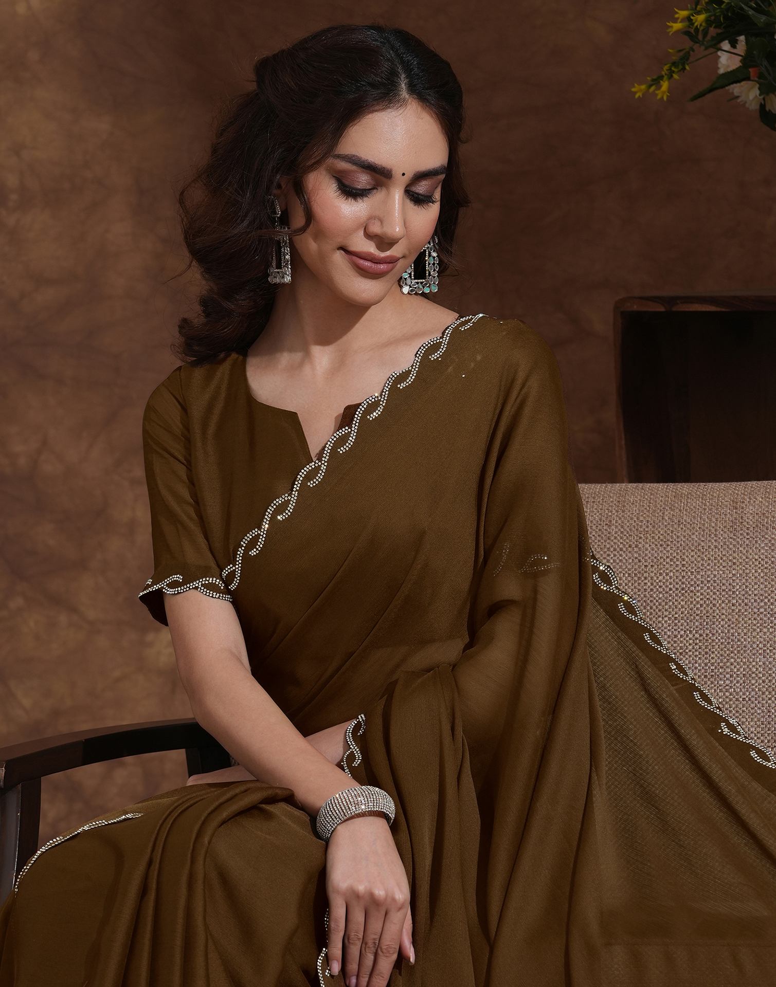 Coffee Brown Chiffon Stone Work Embellished Saree
