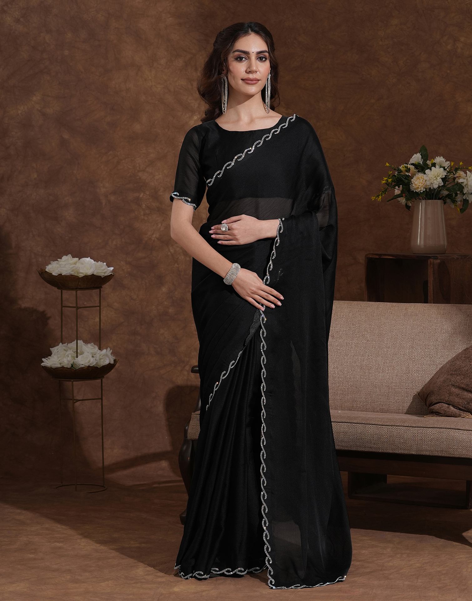 Black Chiffon Stone Work Embellished Saree