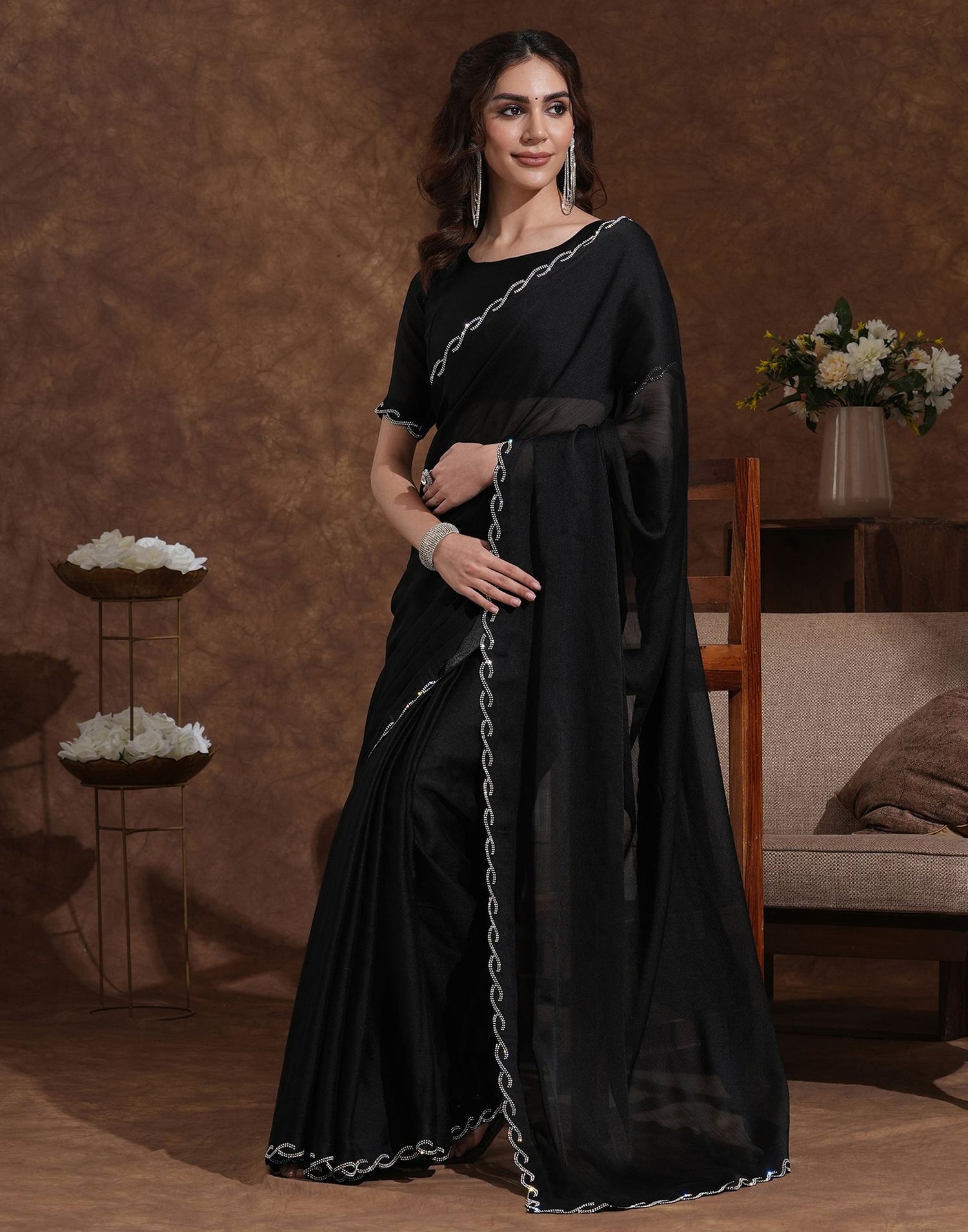 Black Chiffon Stone Work Embellished Saree