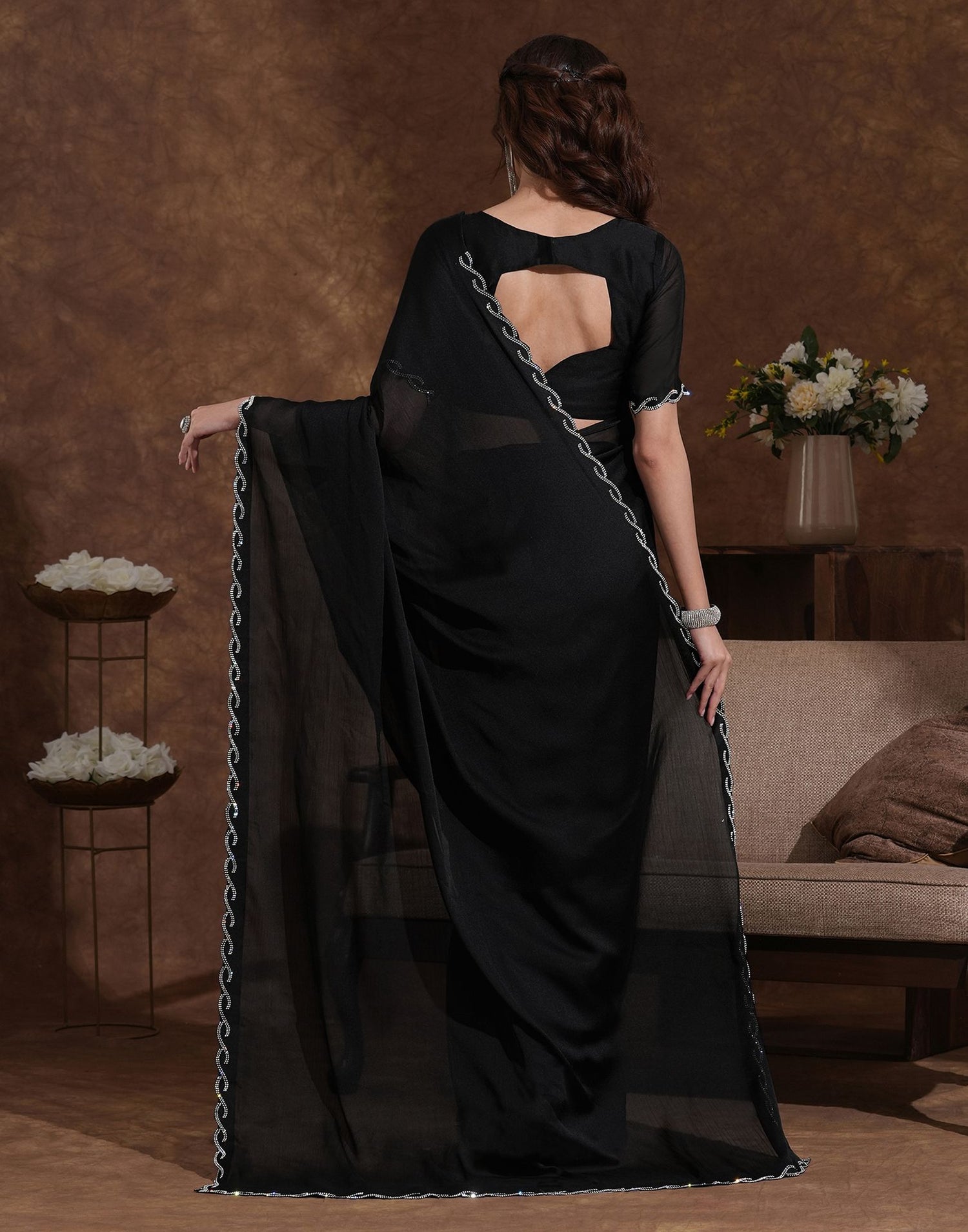 Black Chiffon Stone Work Embellished Saree