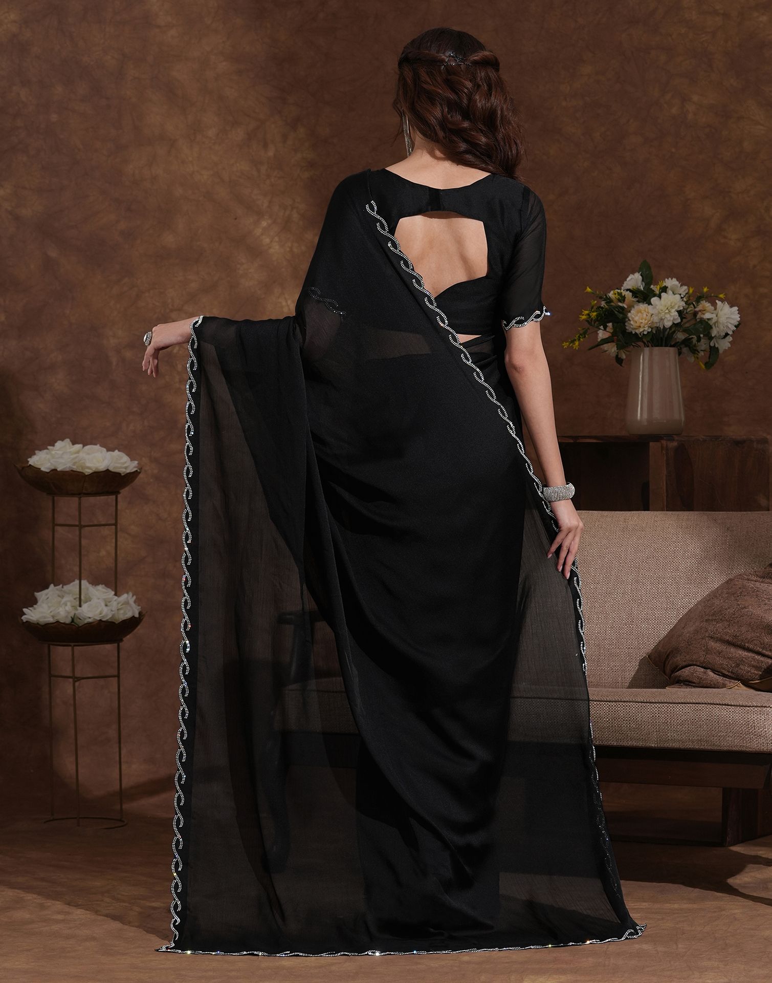 Black Chiffon Stone Work Embellished Saree