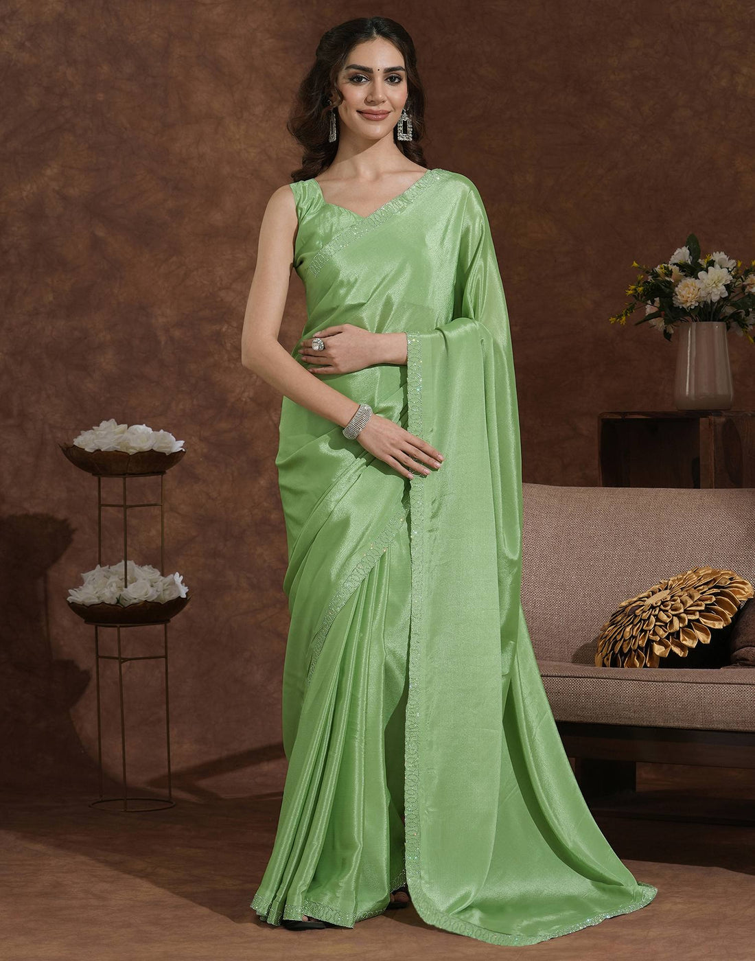 Pista Green Chiffon Stone Work Embellished Saree