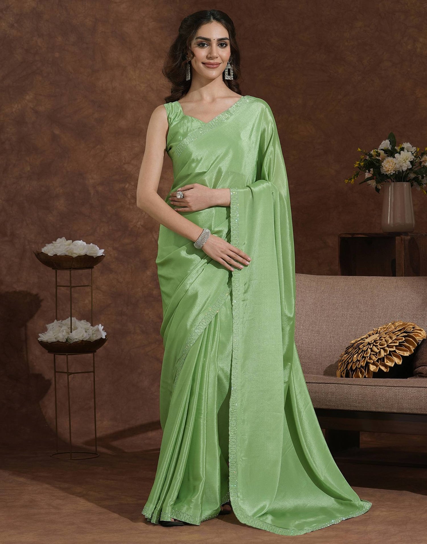 Pista Green Chiffon Stone Work Embellished Saree