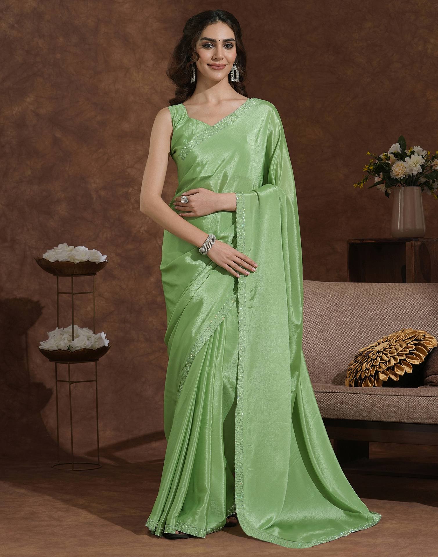 Pista Green Chiffon Stone Work Embellished Saree