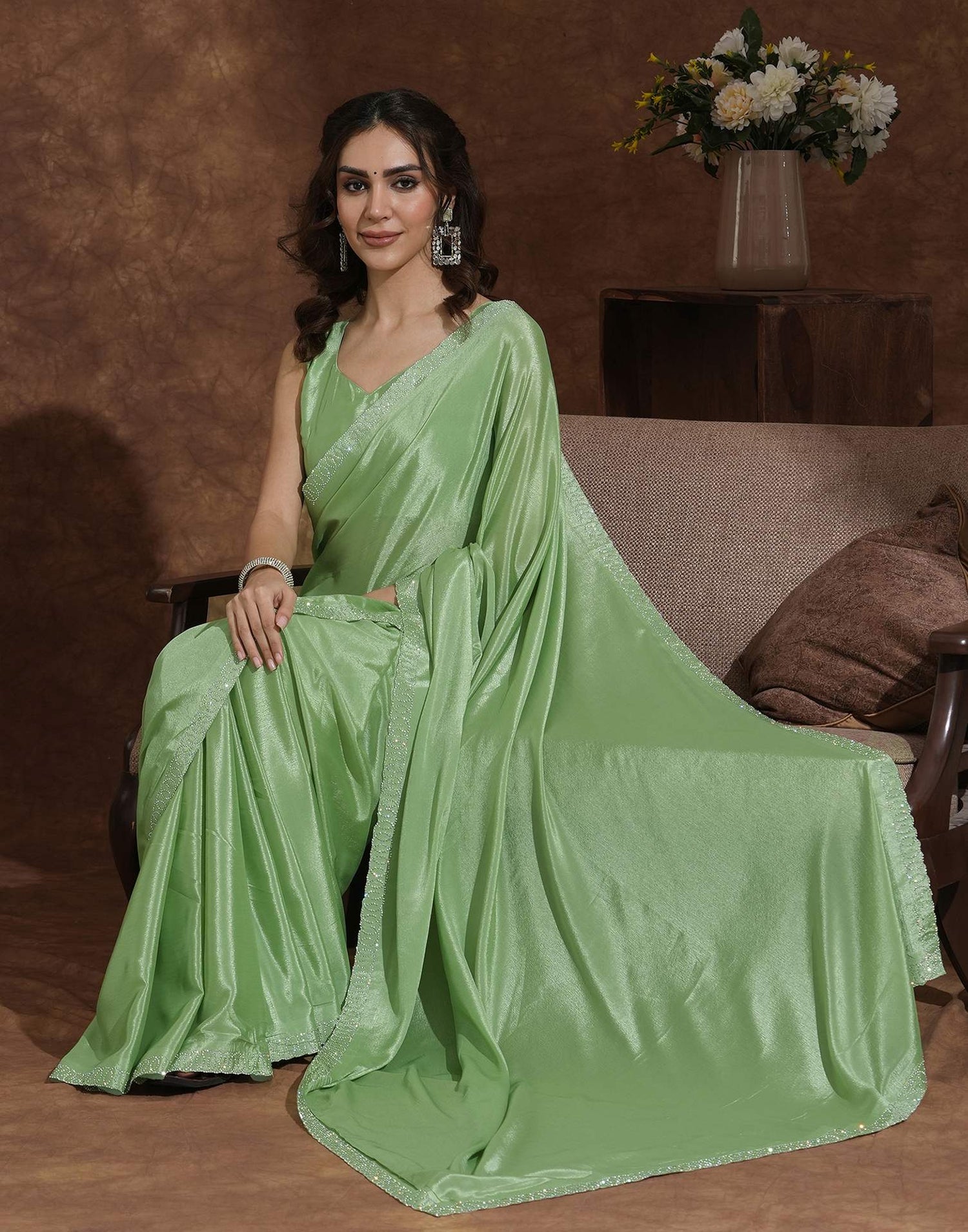 Pista Green Chiffon Stone Work Embellished Saree
