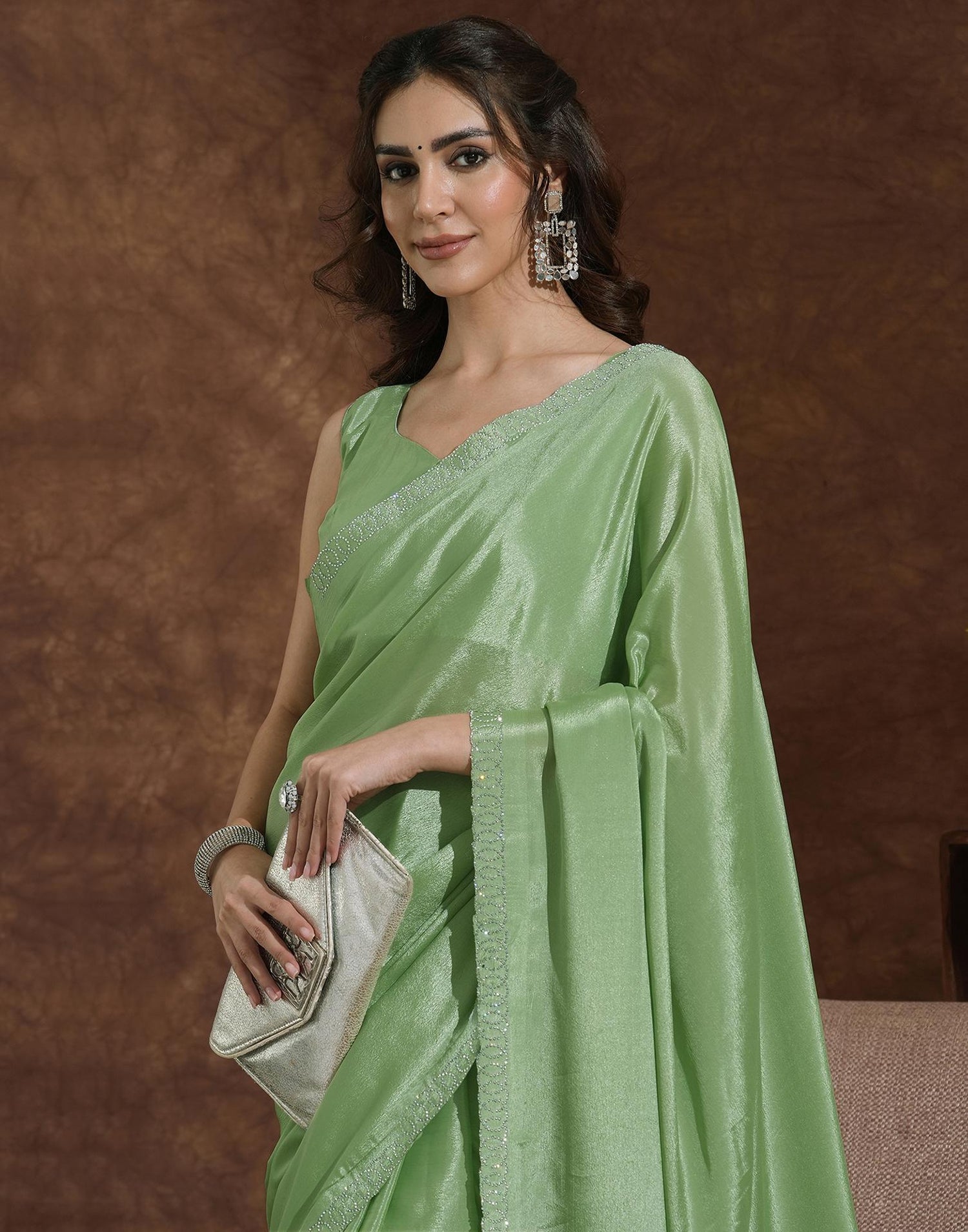 Pista Green Chiffon Stone Work Embellished Saree