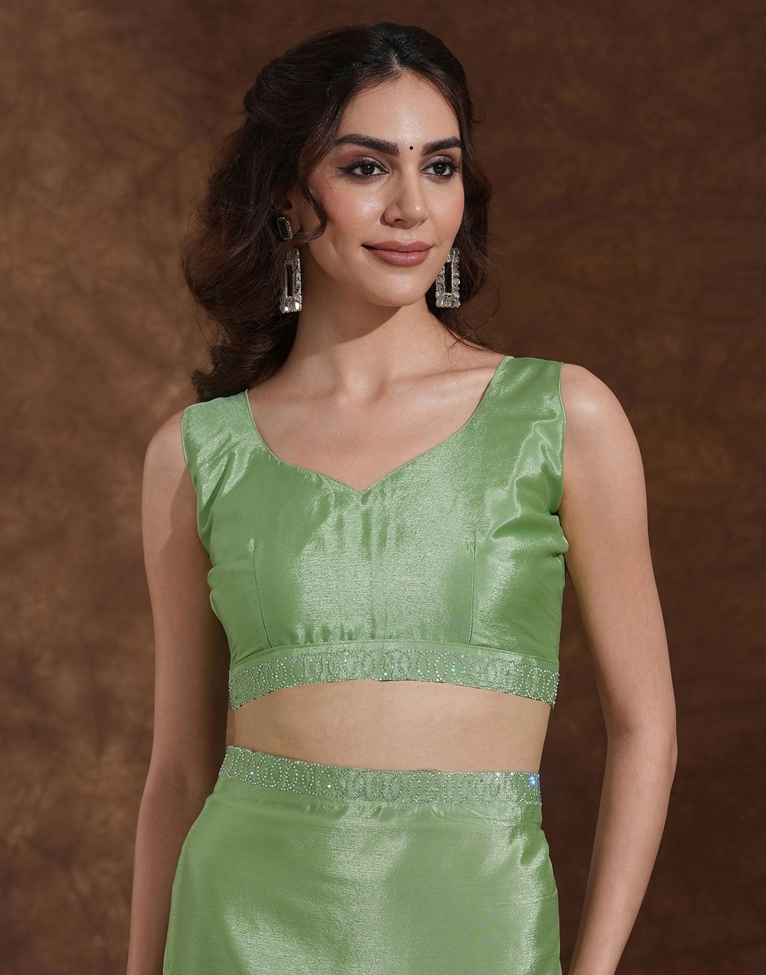 Pista Green Chiffon Stone Work Embellished Saree