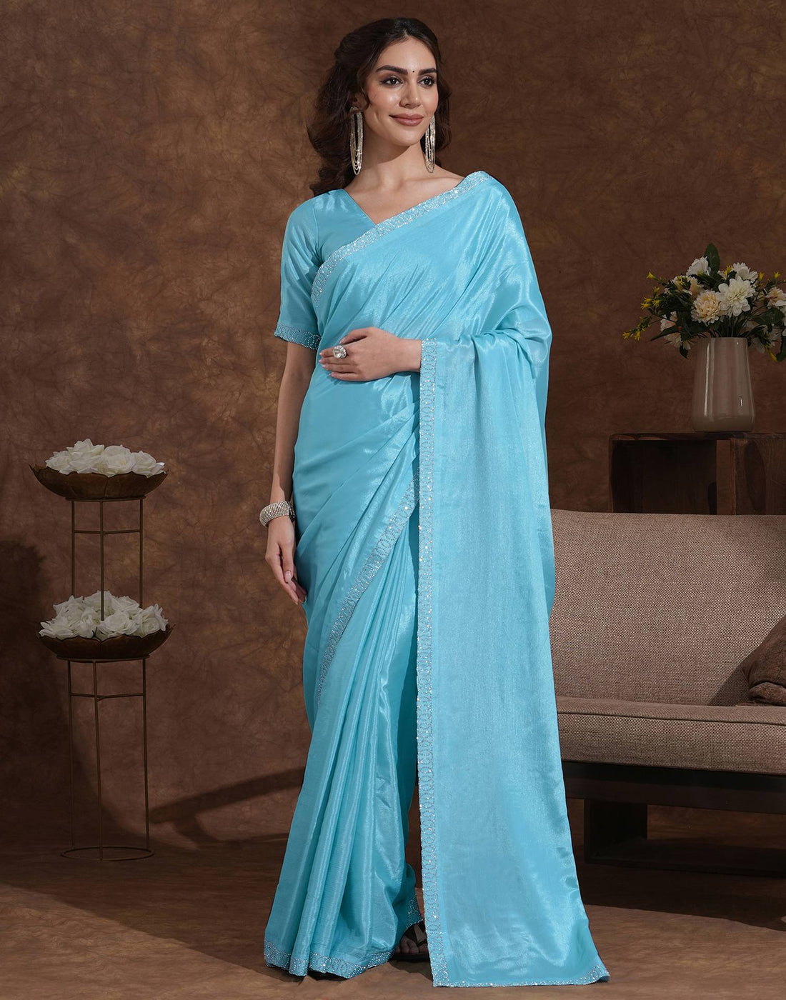 Sky Blue Chiffon Stone Work Embellished Saree