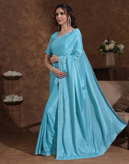 Sky Blue Chiffon Stone Work Embellished Saree