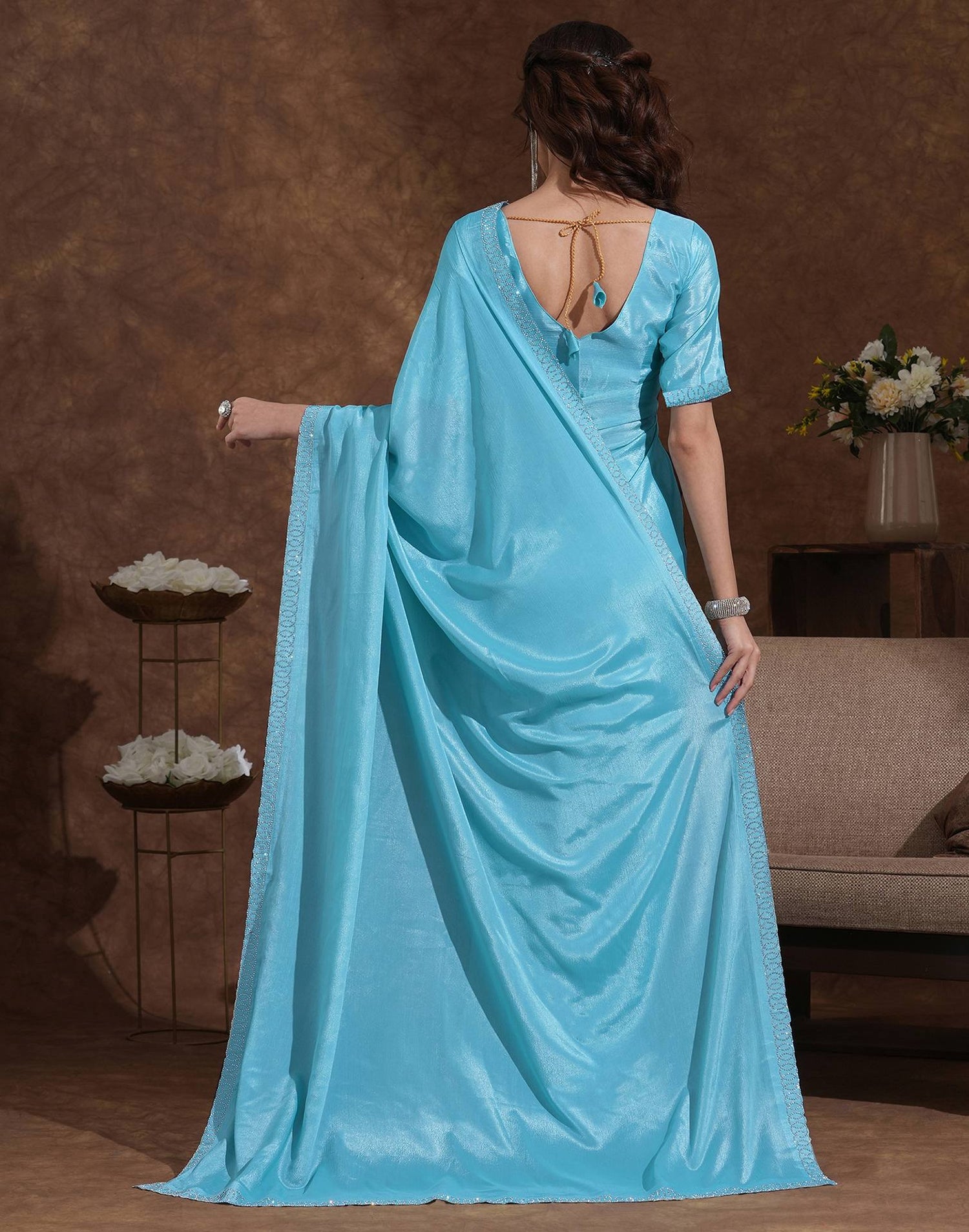 Sky Blue Chiffon Stone Work Embellished Saree