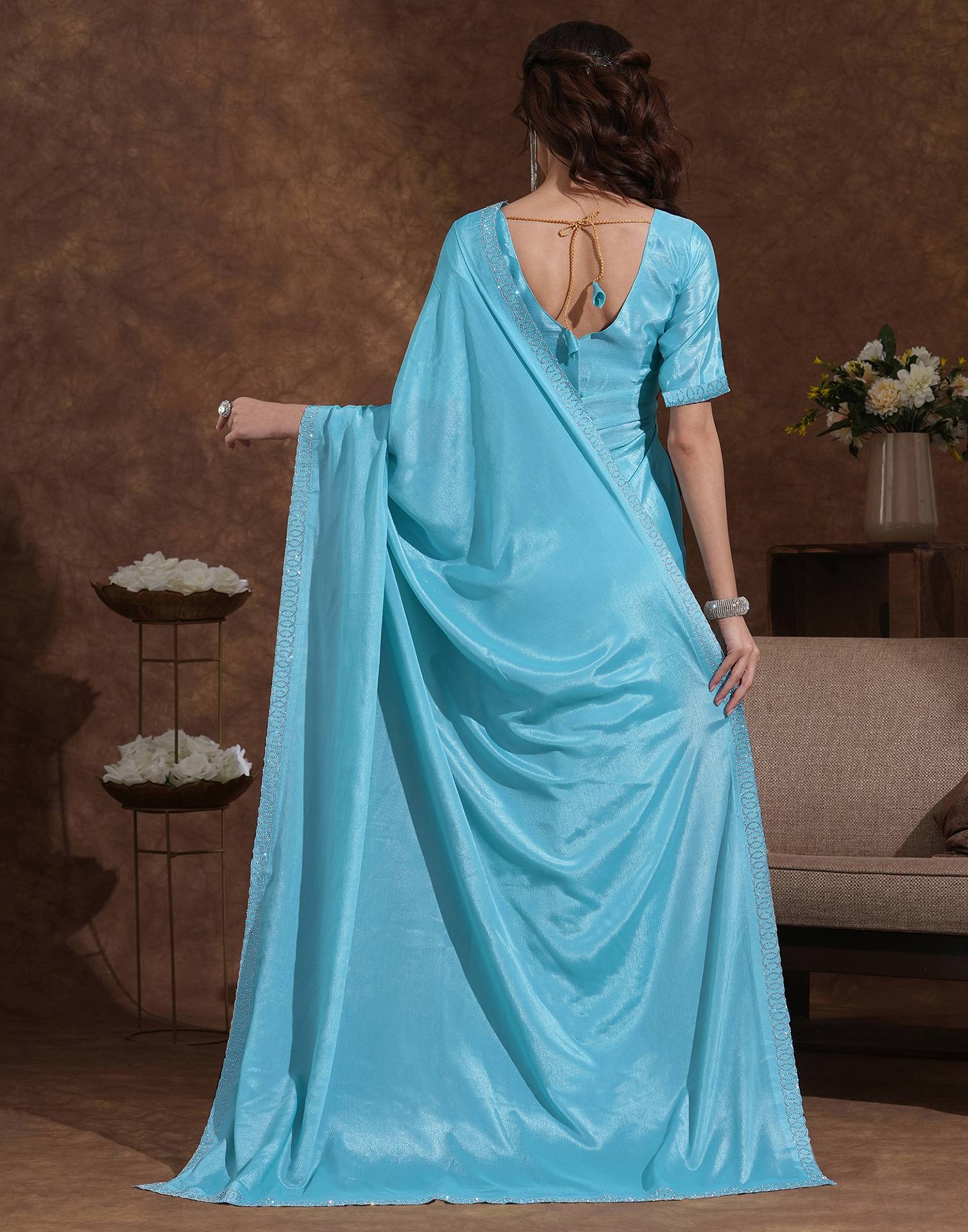 Sky Blue Chiffon Stone Work Embellished Saree